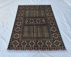 5x7 Modern Turkmen Parda Rug – Multicolor Design on Silver Background – Handmade Wool Carpet – Contemporary Tribal Accent Rug, Bedroom Rug