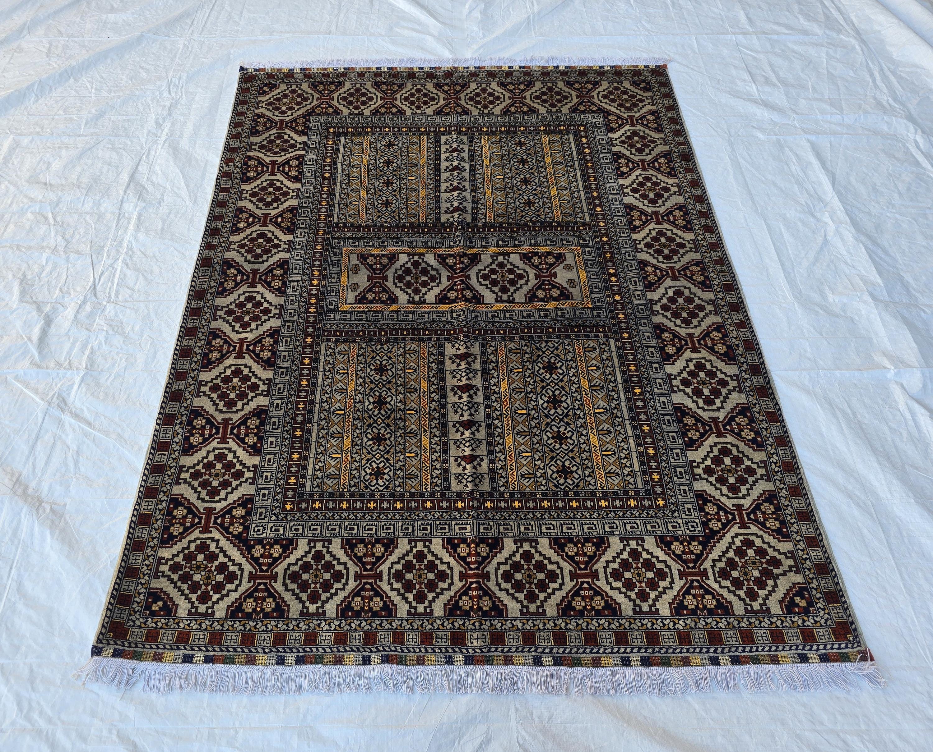5x7 Modern Turkmen Parda Rug – Multicolor Design on Silver Background – Handmade Wool Carpet – Contemporary Tribal Accent Rug, Bedroom Rug