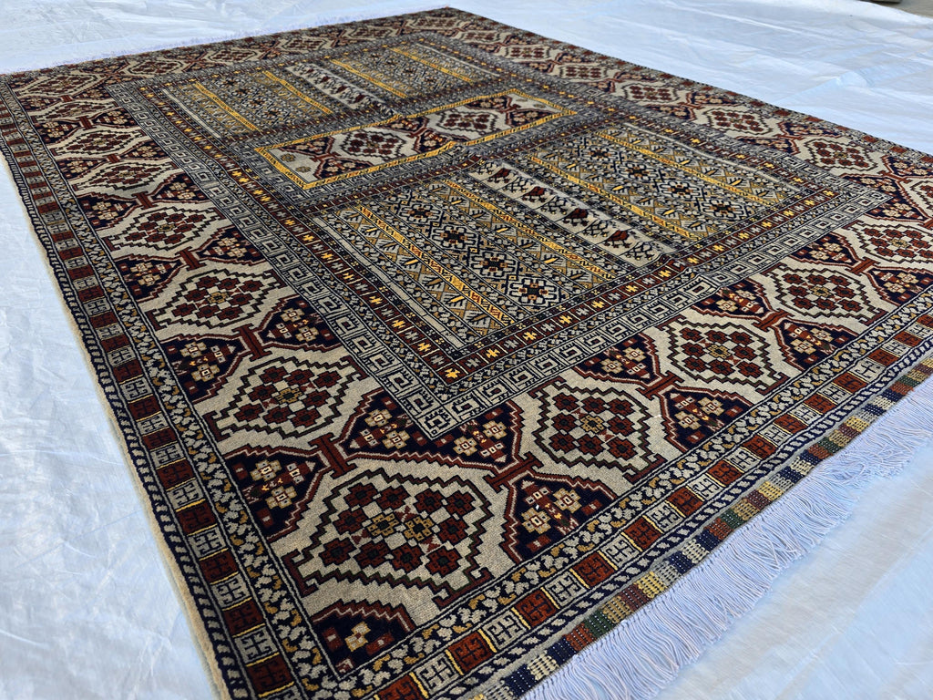 5x7 Modern Turkmen Parda Rug – Multicolor Design on Silver Background – Handmade Wool Carpet – Contemporary Tribal Accent Rug, Bedroom Rug