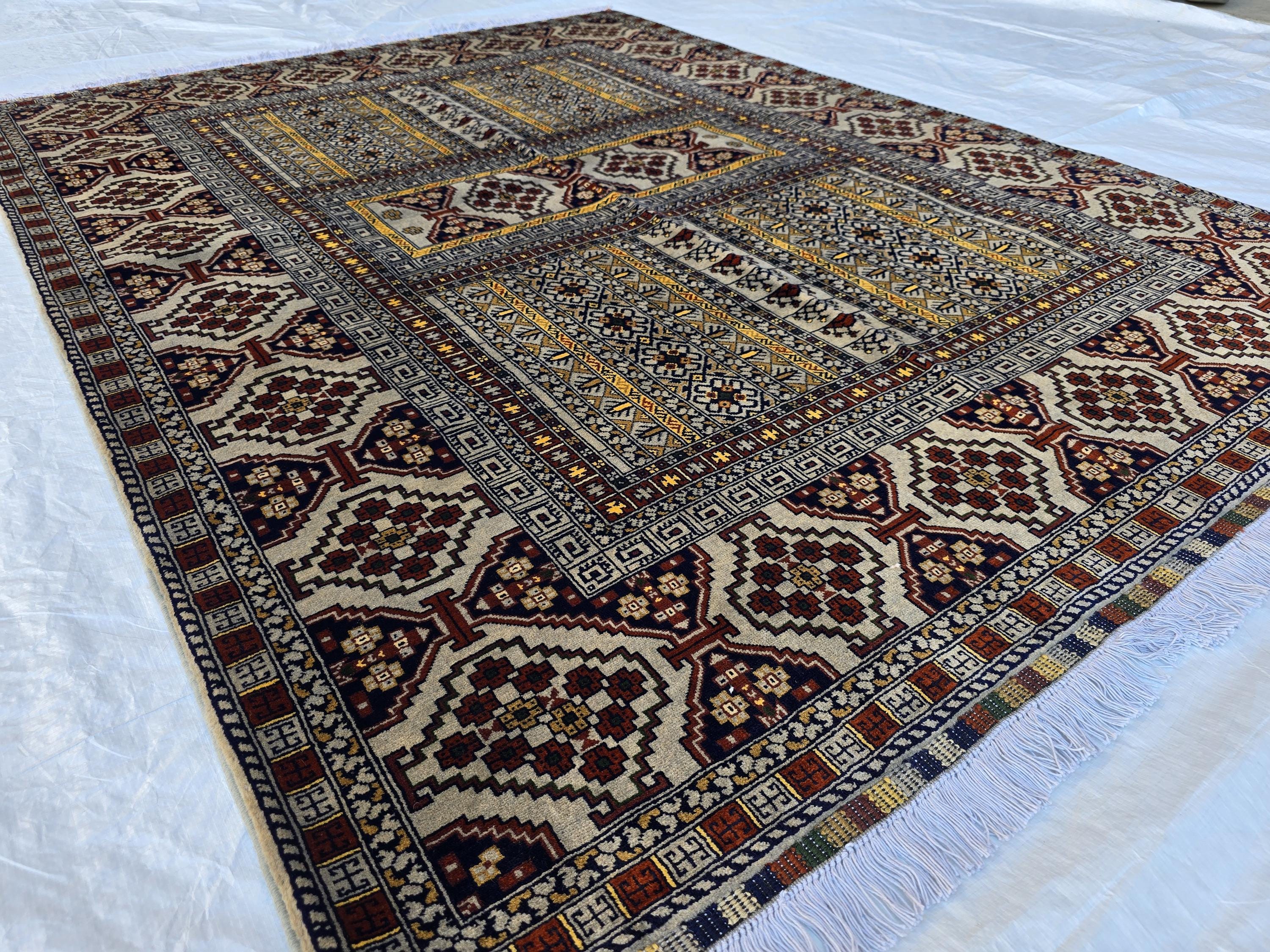 5x7 Modern Turkmen Parda Rug – Multicolor Design on Silver Background – Handmade Wool Carpet – Contemporary Tribal Accent Rug, Bedroom Rug