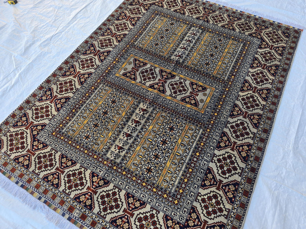 5x7 Modern Turkmen Parda Rug – Multicolor Design on Silver Background – Handmade Wool Carpet – Contemporary Tribal Accent Rug, Bedroom Rug