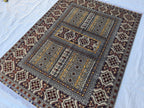 5x7 Modern Turkmen Parda Rug – Multicolor Design on Silver Background – Handmade Wool Carpet – Contemporary Tribal Accent Rug, Bedroom Rug