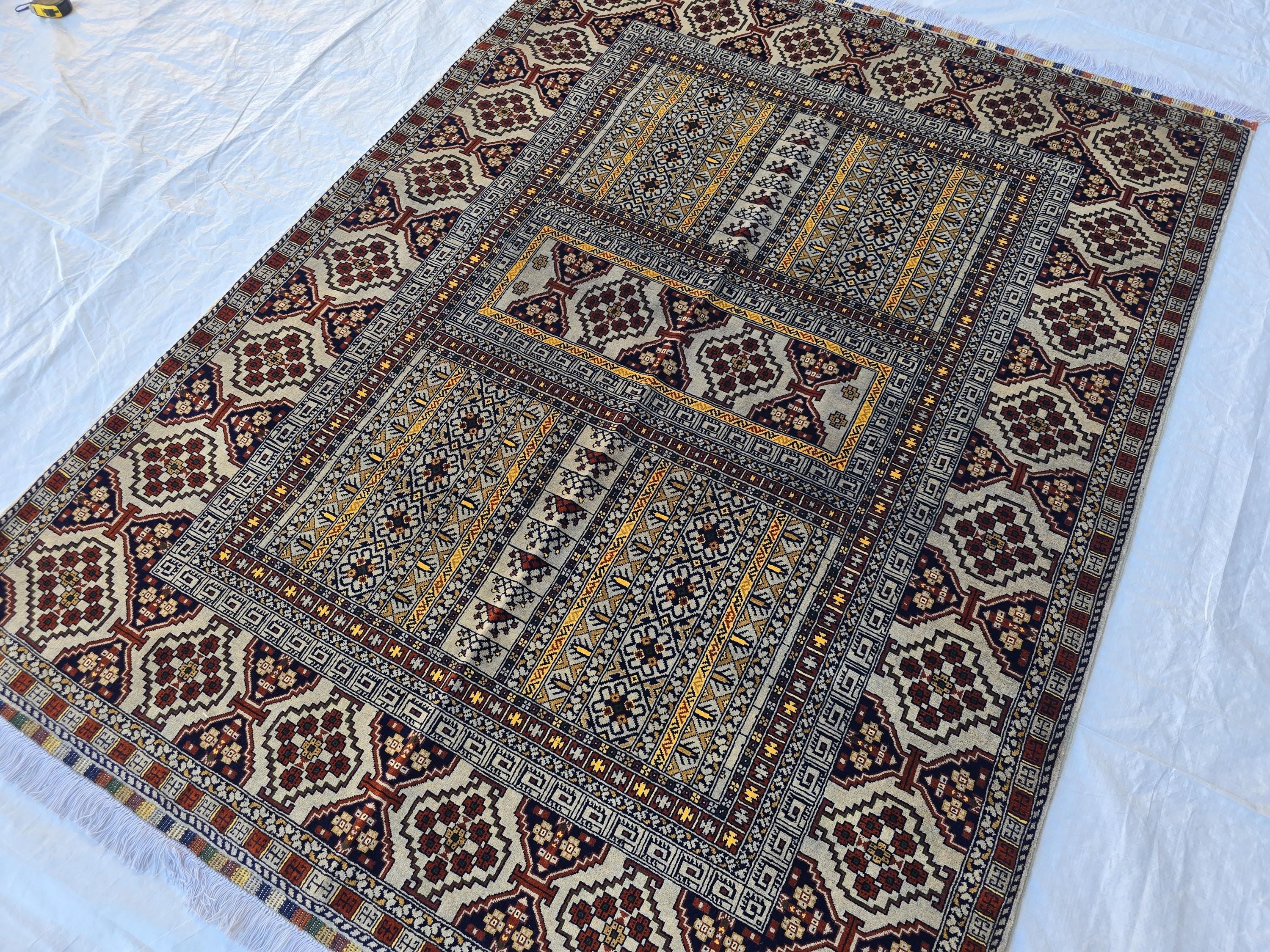 5x7 Modern Turkmen Parda Rug – Multicolor Design on Silver Background – Handmade Wool Carpet – Contemporary Tribal Accent Rug, Bedroom Rug