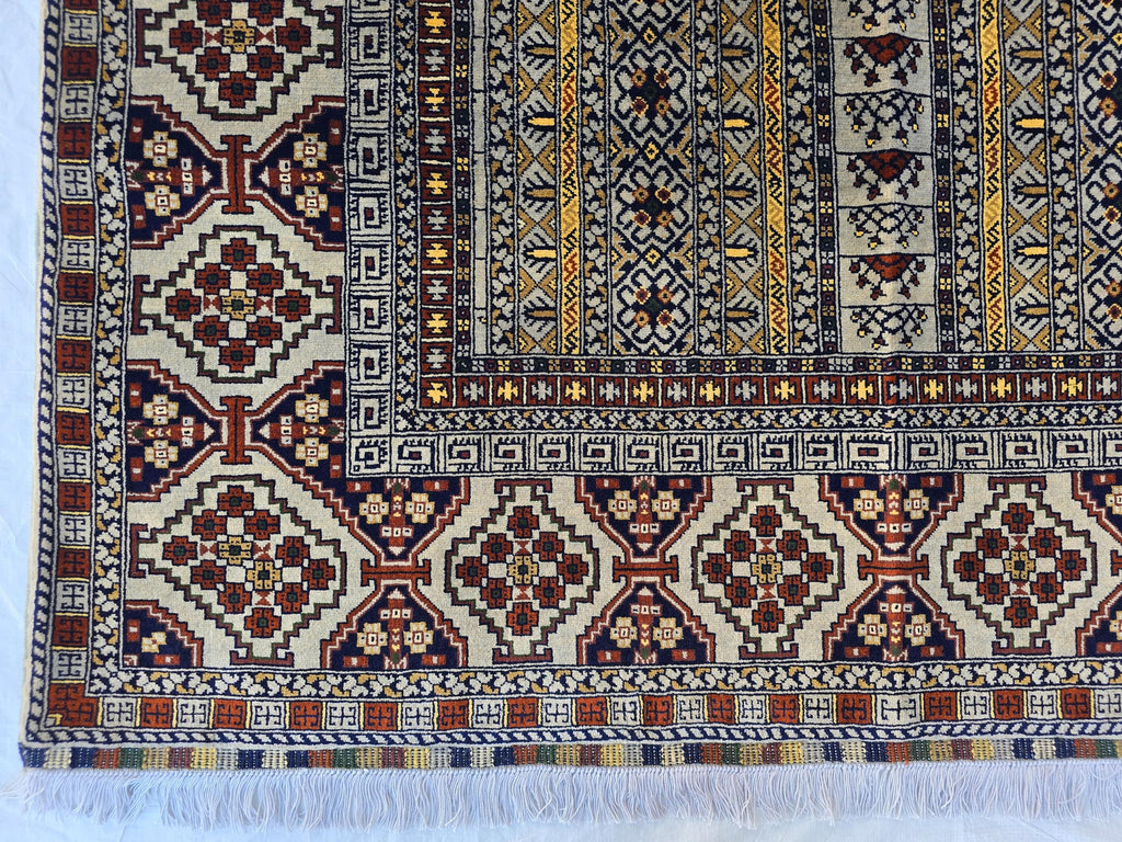5x7 Modern Turkmen Parda Rug – Multicolor Design on Silver Background – Handmade Wool Carpet – Contemporary Tribal Accent Rug, Bedroom Rug