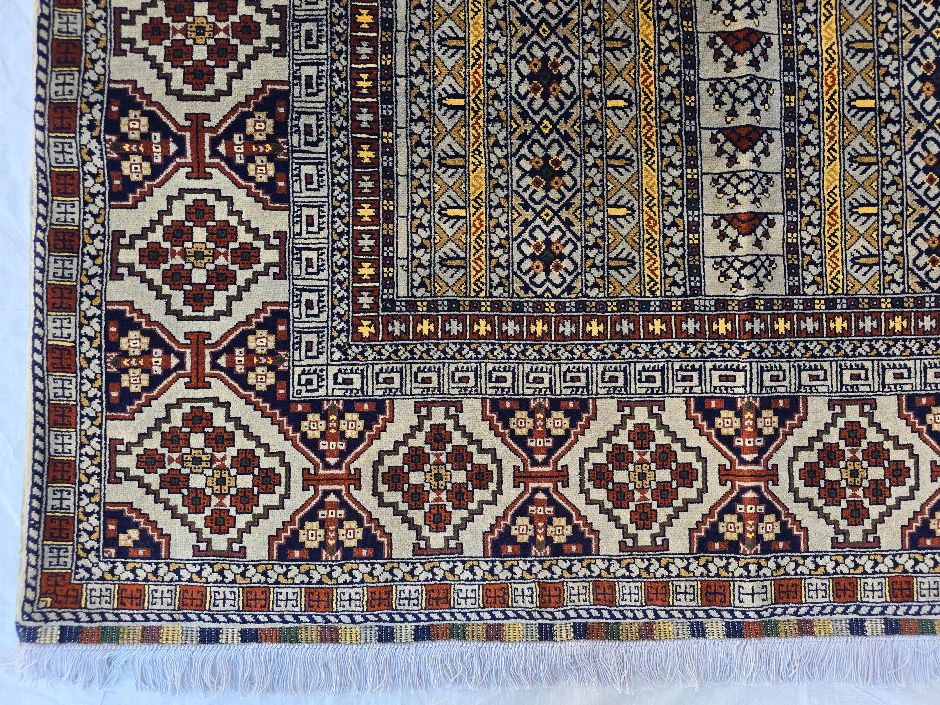 5x7 Modern Turkmen Parda Rug – Multicolor Design on Silver Background – Handmade Wool Carpet – Contemporary Tribal Accent Rug, Bedroom Rug