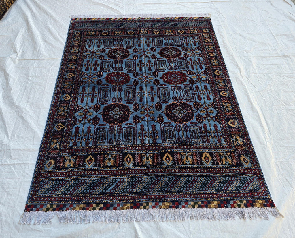 5x6 Afghan Handmade Navy Blue Gandum Carpet, Turkmen Oriental Soft Wool Rug, Boho Home Decor, Rug for Bedroom, Living Room Rug 198x151 cm
