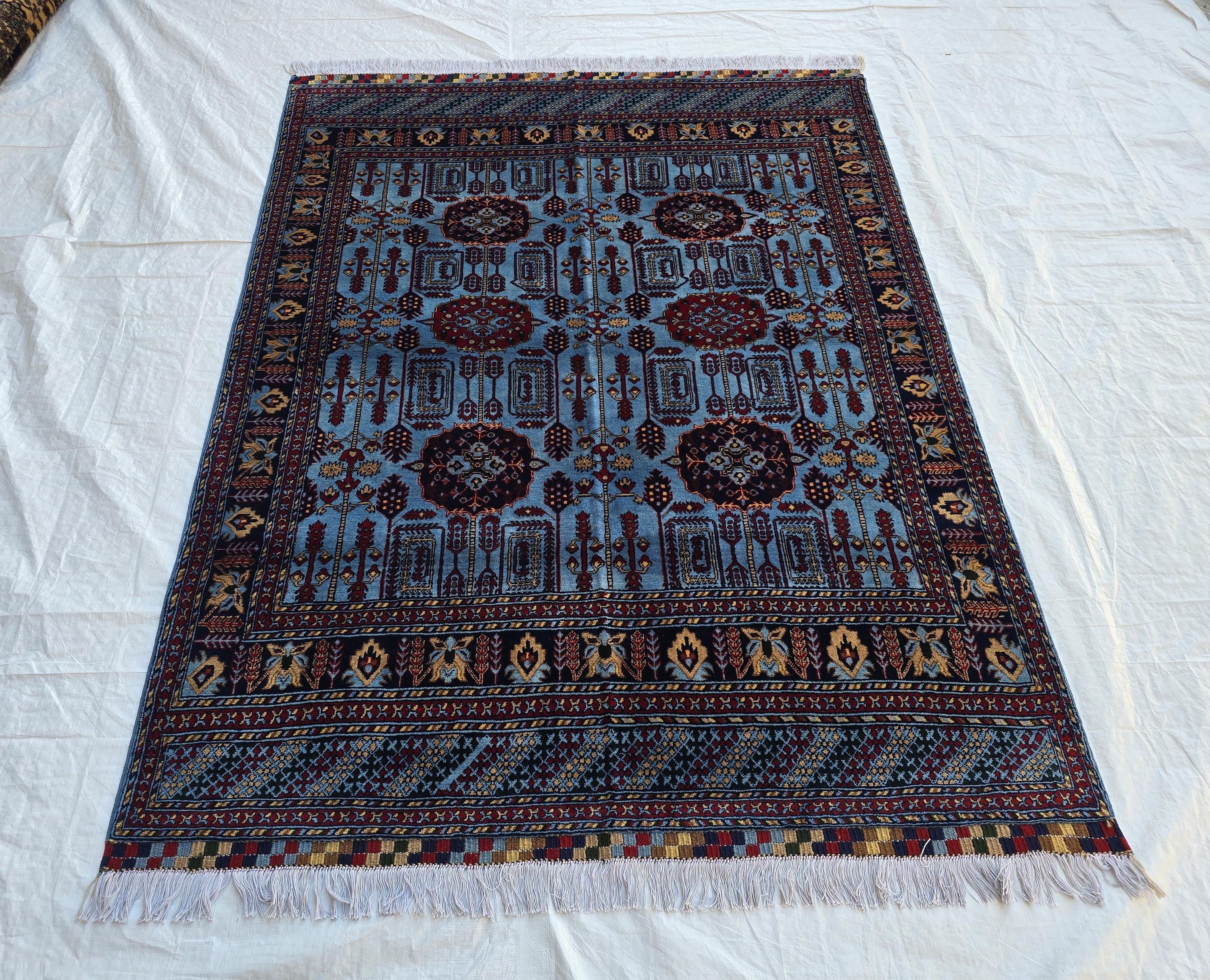 5x6 Afghan Handmade Navy Blue Gandum Carpet, Turkmen Oriental Soft Wool Rug, Boho Home Decor, Rug for Bedroom, Living Room Rug 198x151 cm