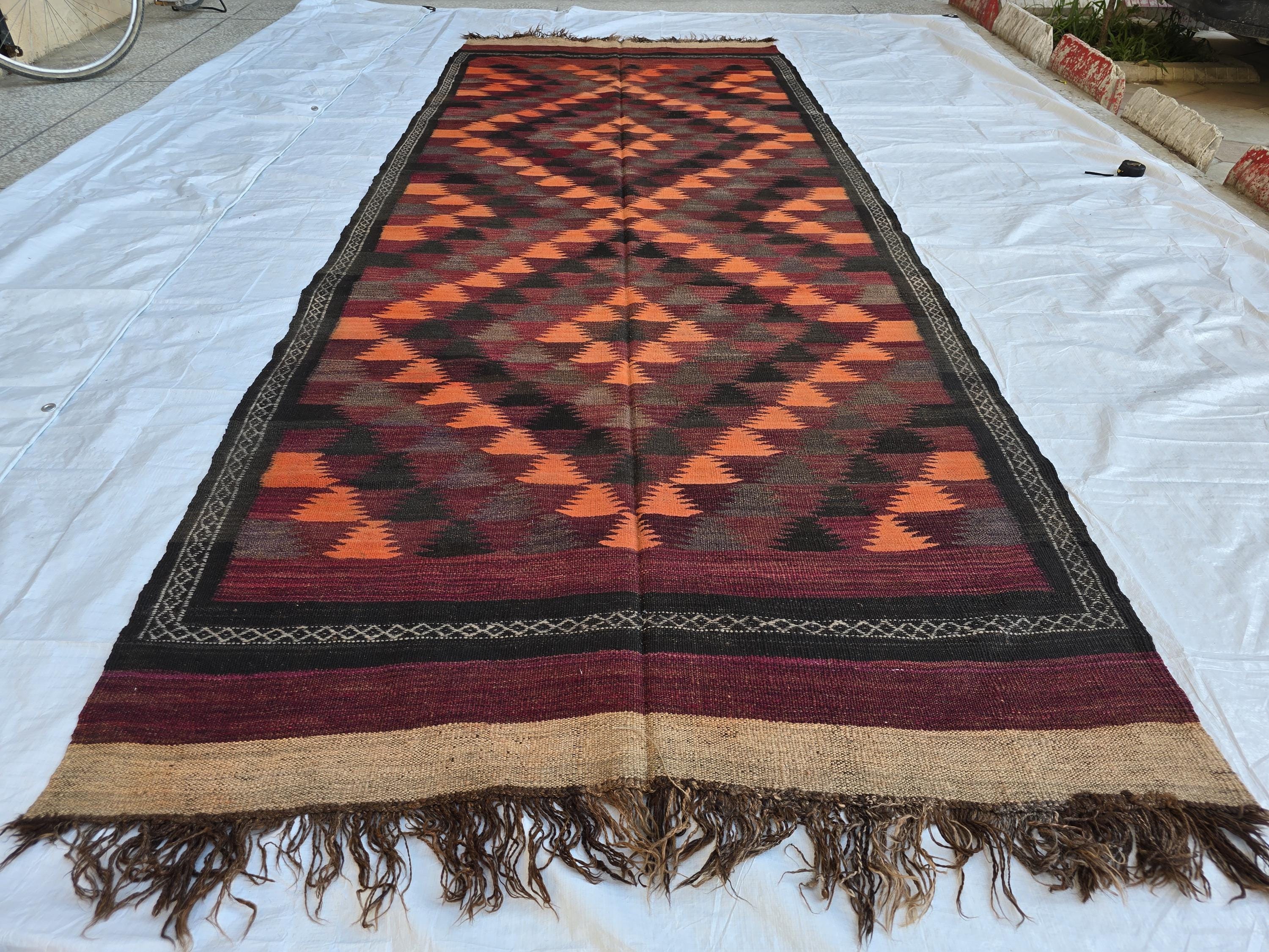 4x12 Vintage Afghan Kilim Rug – Handwoven Tribal Wool Runner – Geometric Pattern – Boho Rustic Decor – Antique Hallway Rug, Farmhouse Rug