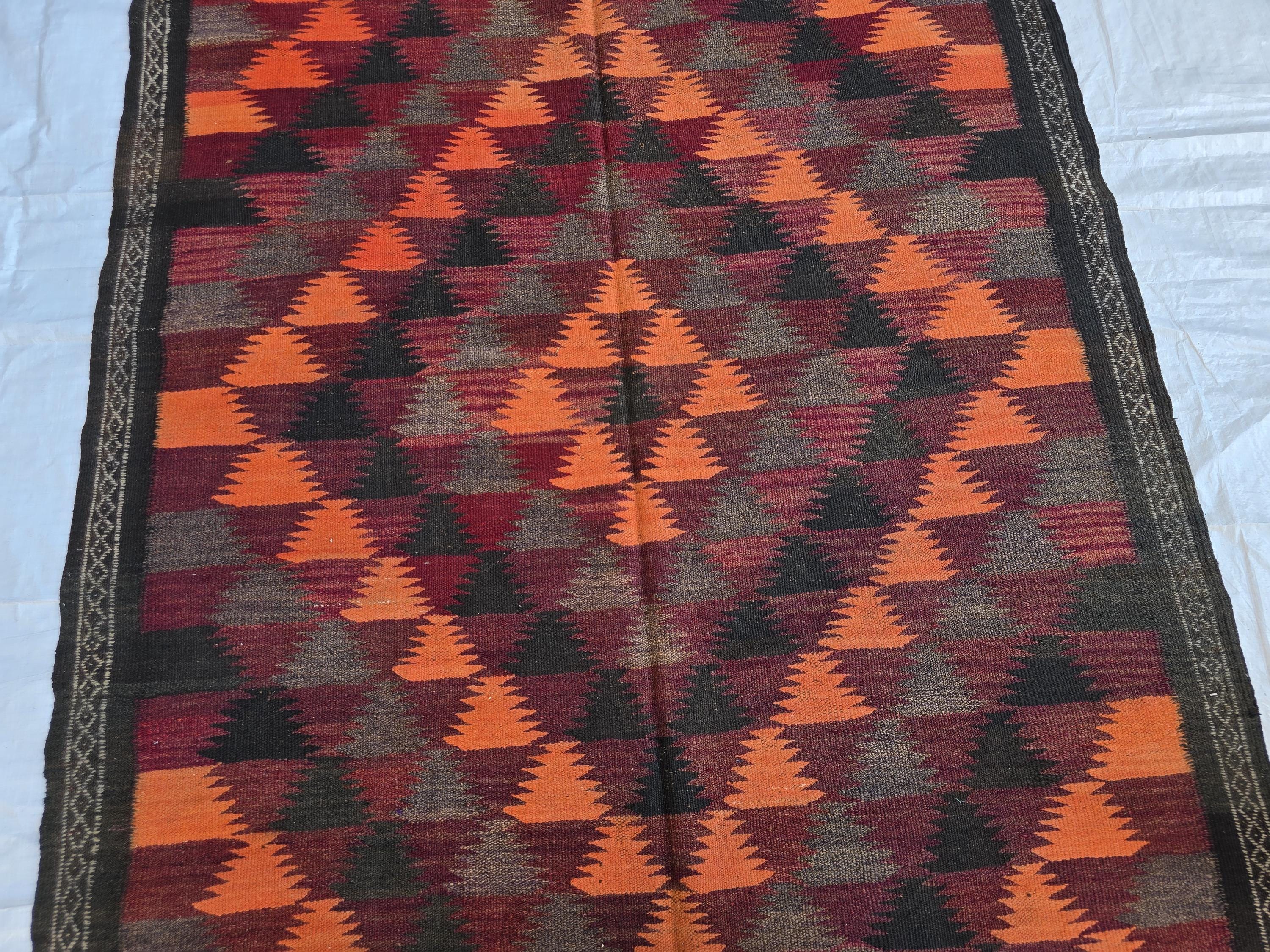 4x12 Vintage Afghan Kilim Rug – Handwoven Tribal Wool Runner – Geometric Pattern – Boho Rustic Decor – Antique Hallway Rug, Farmhouse Rug