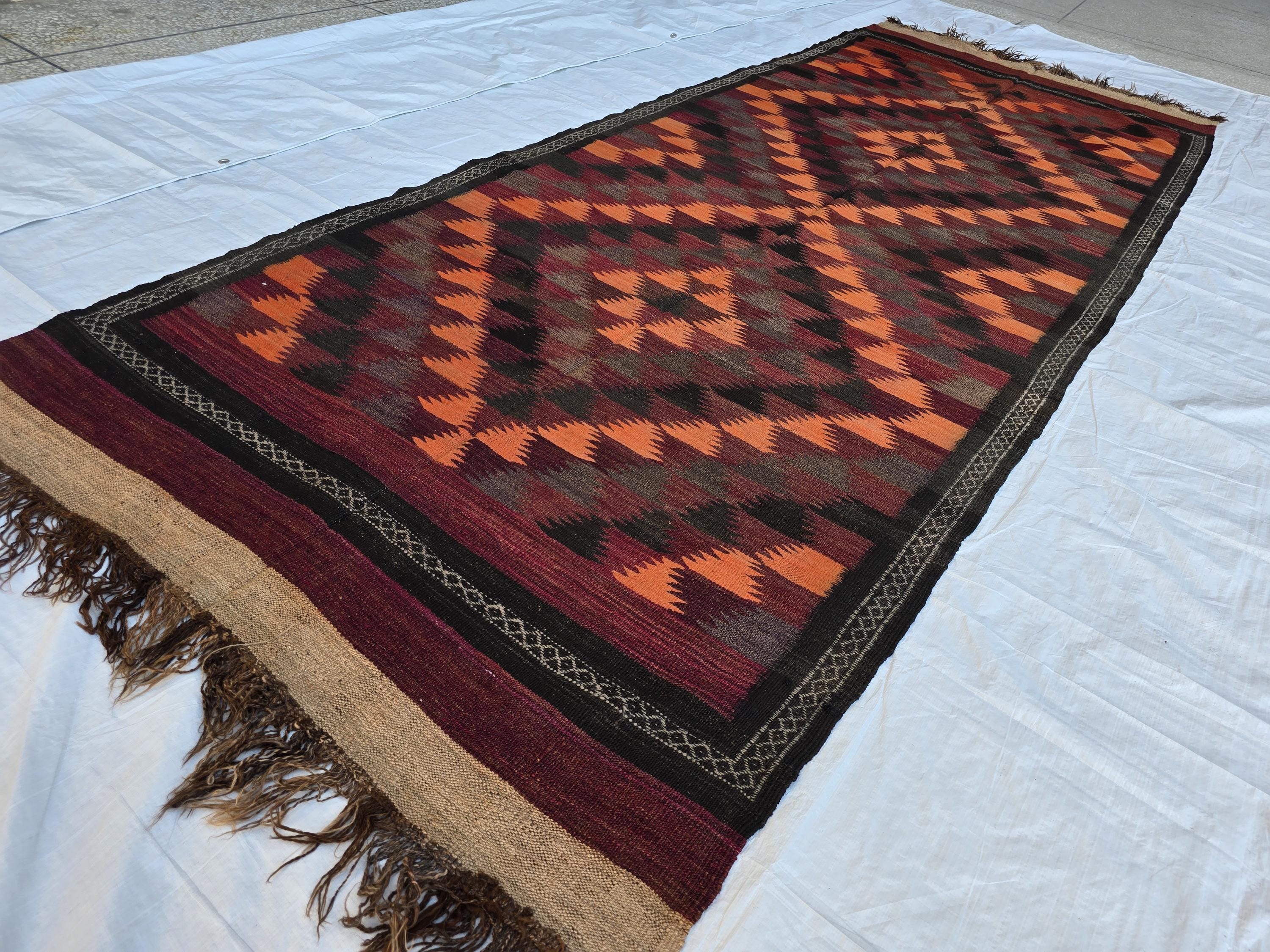 4x12 Vintage Afghan Kilim Rug – Handwoven Tribal Wool Runner – Geometric Pattern – Boho Rustic Decor – Antique Hallway Rug, Farmhouse Rug