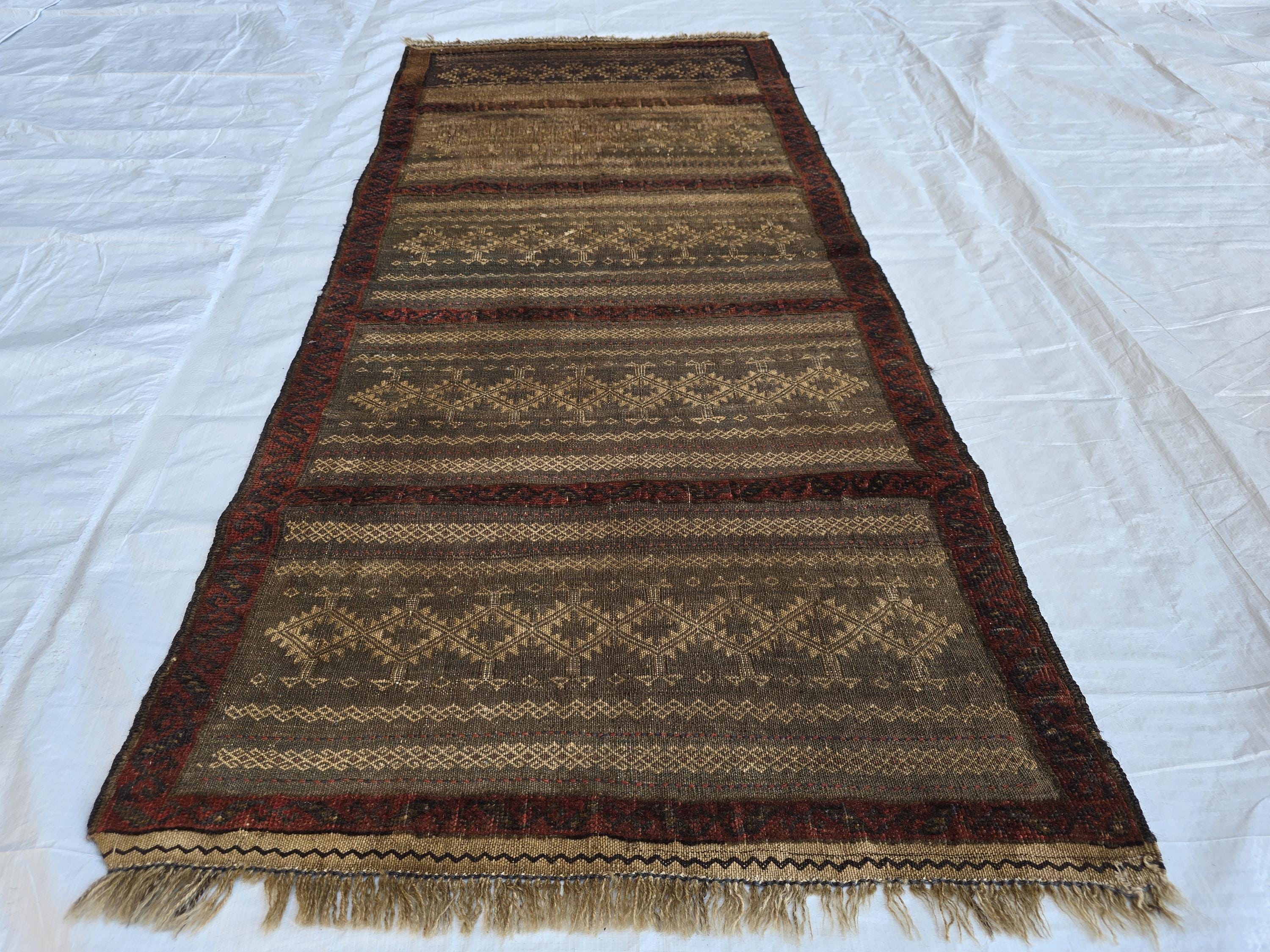 2x5 Vintage Afghan Handwoven Kilim, Turkmen Geometric Wool Rug, Antique Collectible Rare Piece, Early 20th Century Tribal Flatweave Kilim