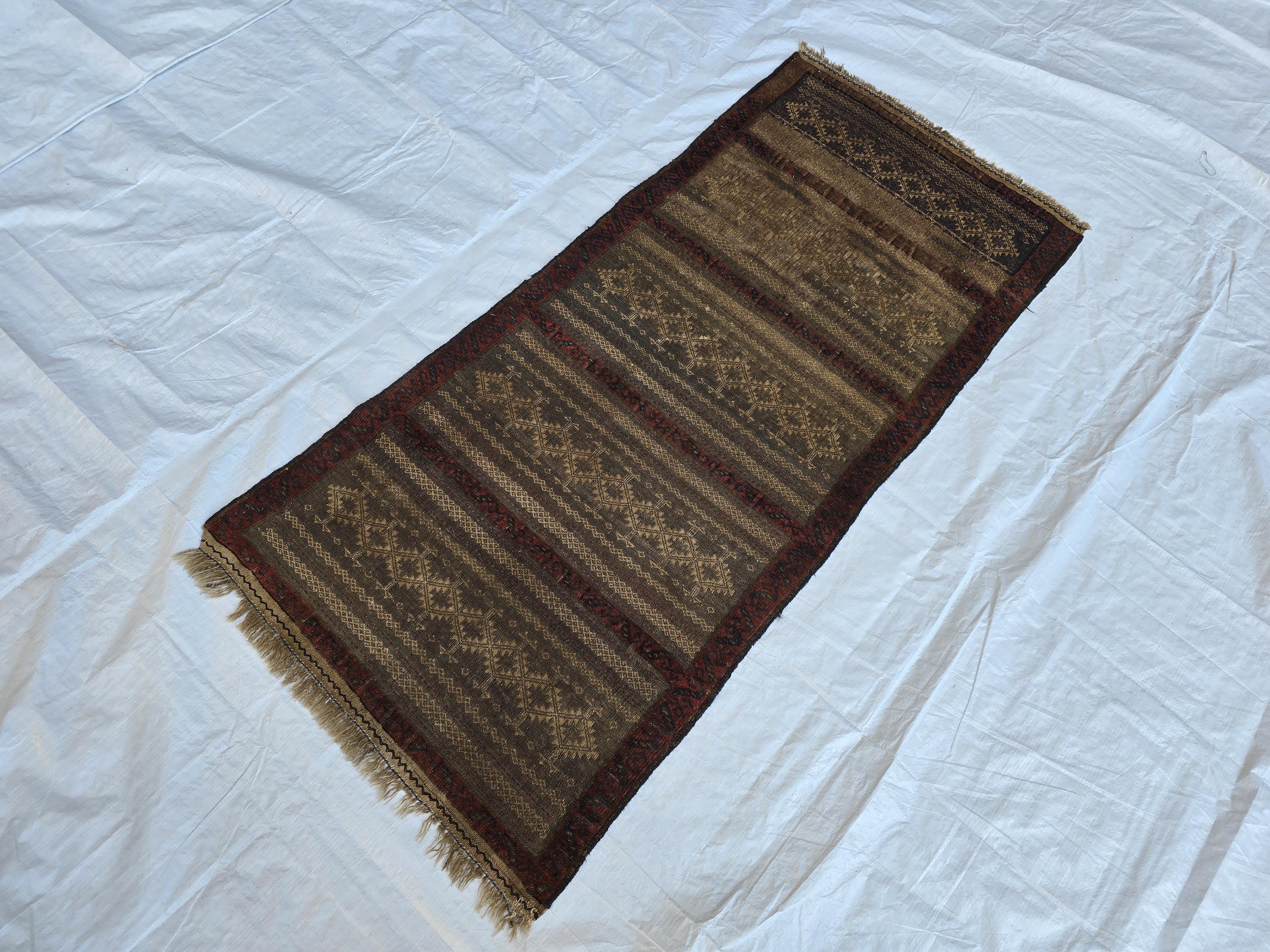 2x5 Vintage Afghan Handwoven Kilim, Turkmen Geometric Wool Rug, Antique Collectible Rare Piece, Early 20th Century Tribal Flatweave Kilim