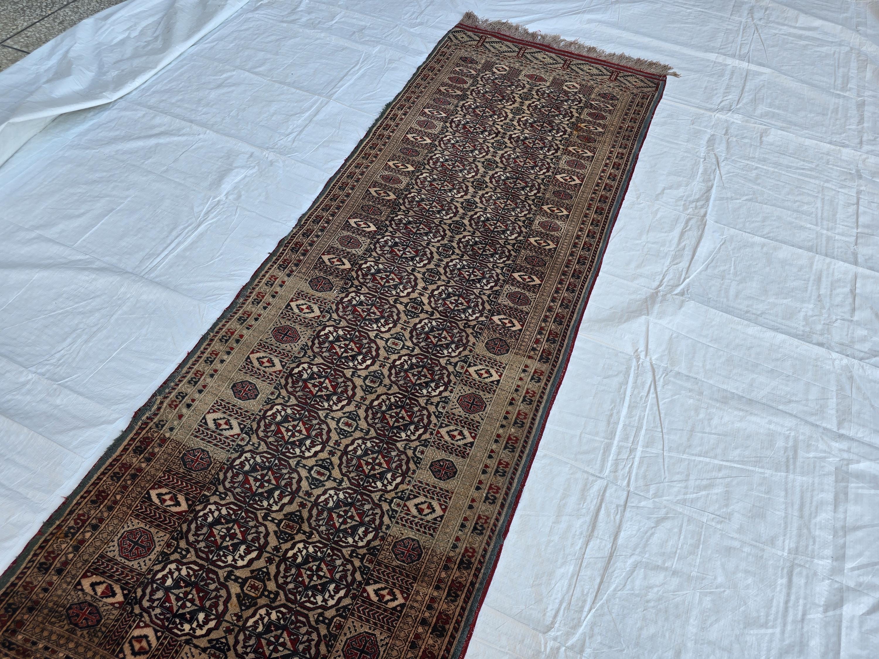 Collectible Oriental Antique Ahal Gul Runner Rug – 80 Year Old Handwoven Wool Rug – Tribal Turkmen Design – 1930s Vintage Hallway Runner 3x8