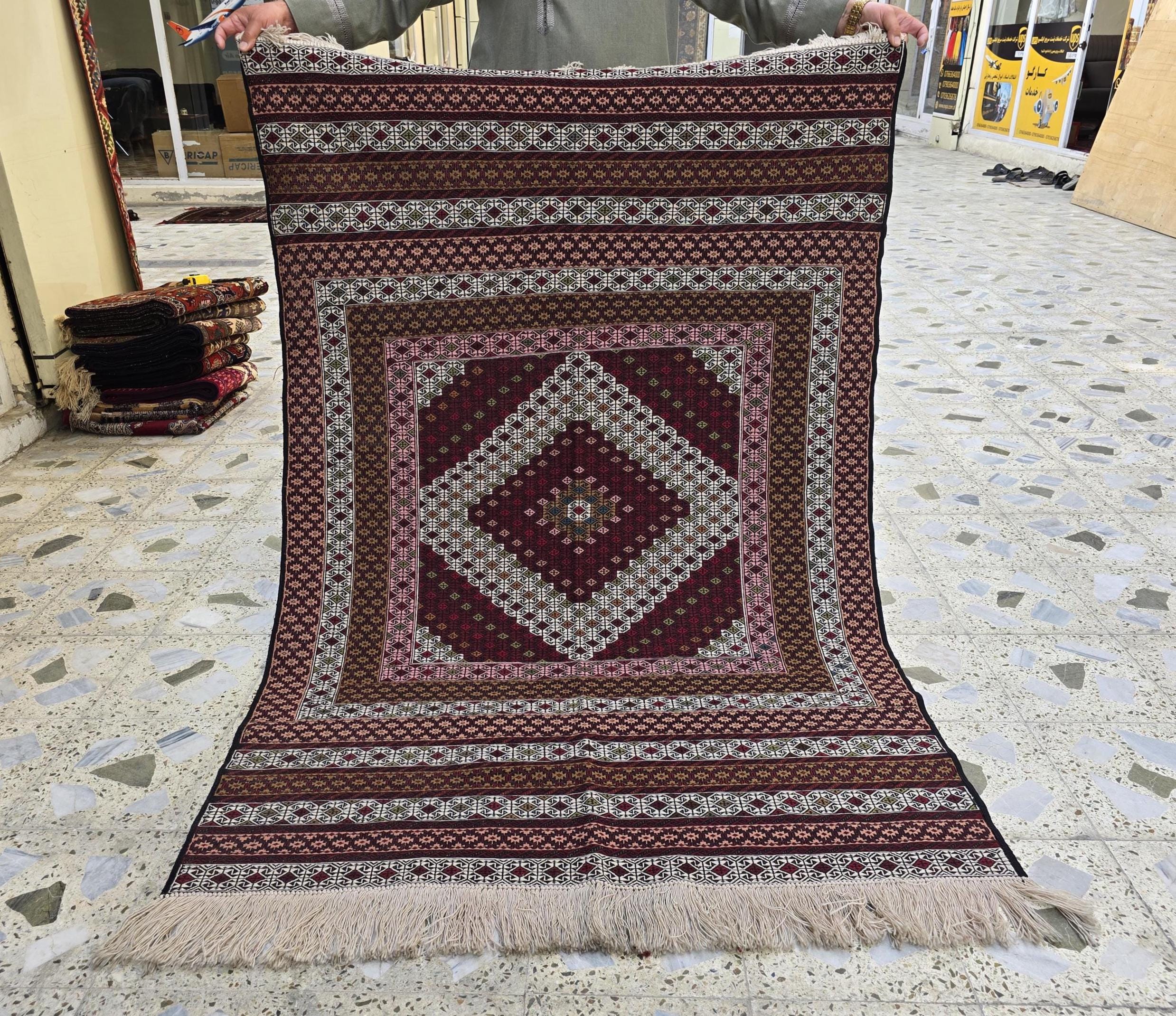 4x6 Maliki Kilim Afghan Handwoven, Turkmen Wool Area Rug, Living Room Rug, Bedroom Rug, Also Wall Hanging Rug, Office Home decorative Rug