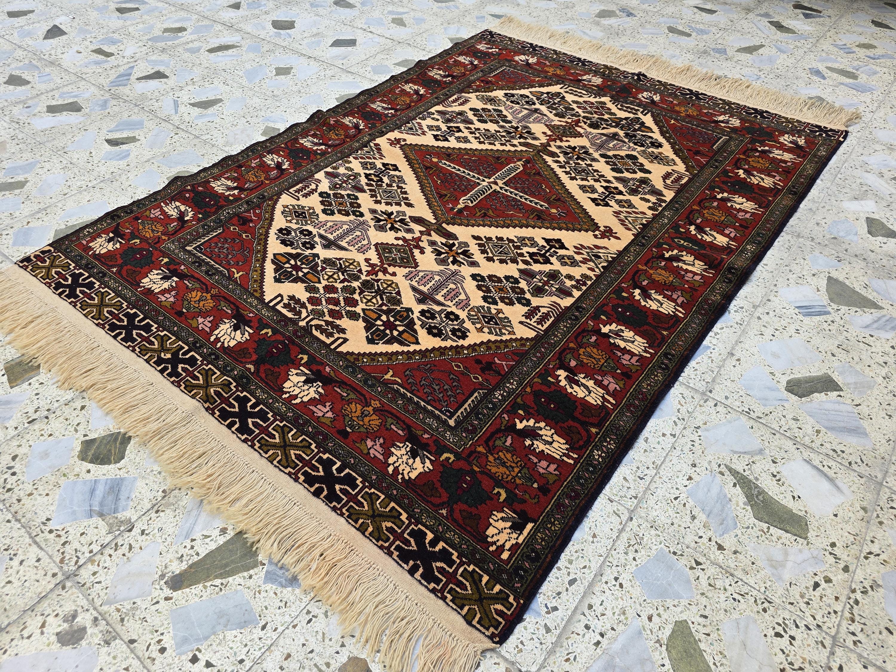 4x6 Afghan Herati Rug, Turkmen Geometric Wool Area Rug, Living Room Rug, Bedroom Rug, Accent size Rug, Office Decor Rug, Wall Hanging Rug