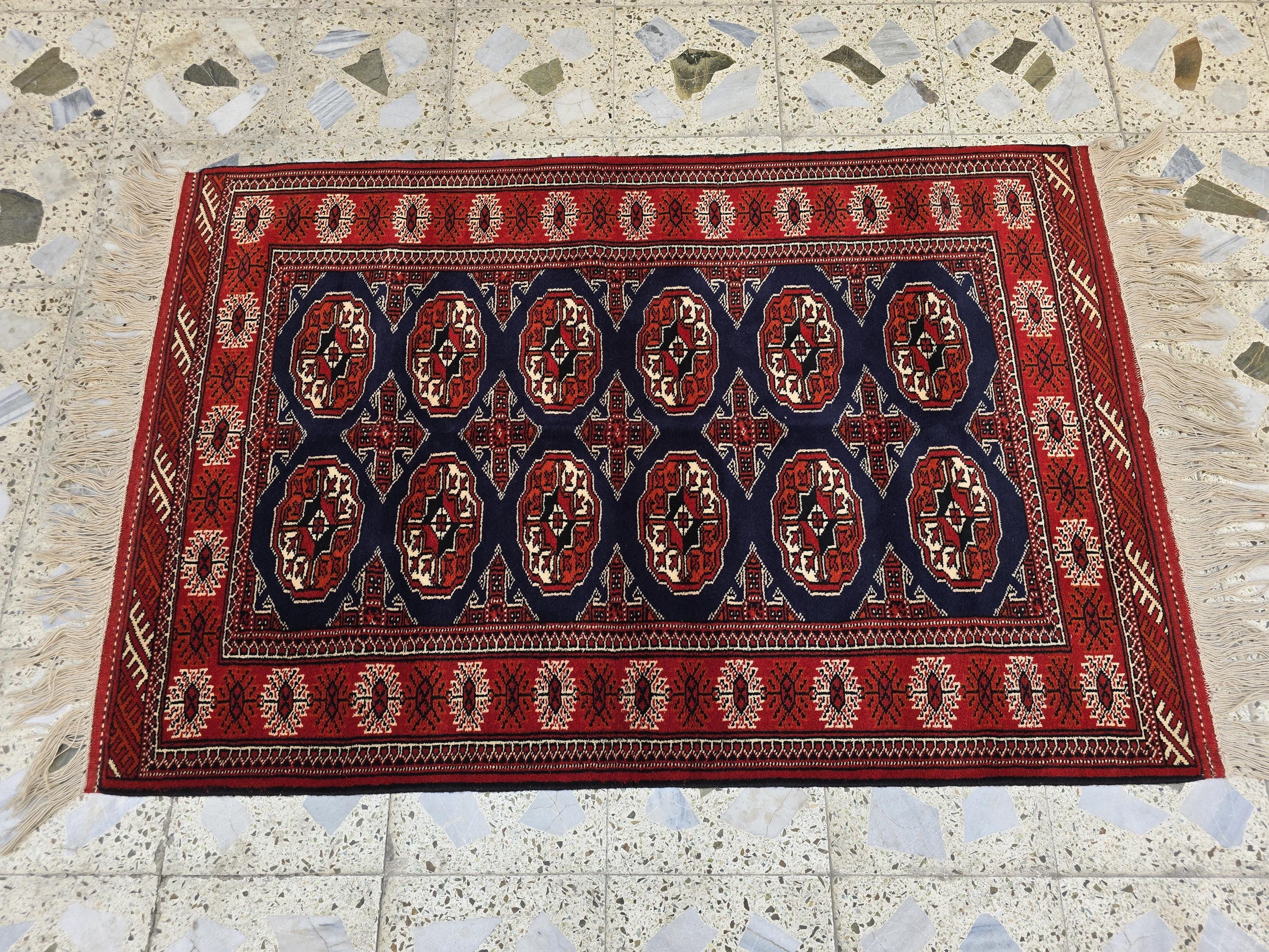 3x5 Ahal Gul Handwoven Afghan Wall Hanging Rug, Turkmen Handwoven Oriental Wool Rug, Living Room Rug, Bedroom Rug, Office Decor Rug