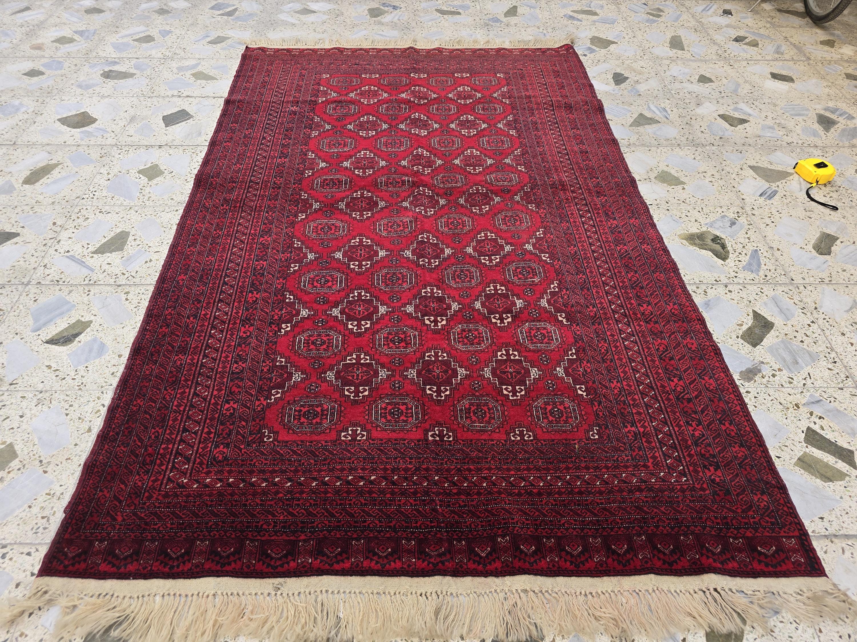 4x6 Vintage Afghan Handwoven Kawdani Rug, Turkmen Red Oriental Wool Rug, Living Room Rug, Bedroom Rug, Farmhouse Rug 197x124 cm