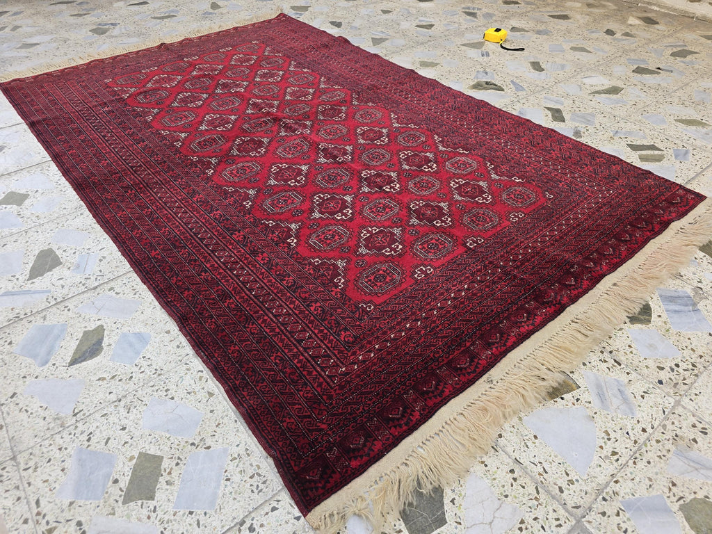4x6 Vintage Afghan Handwoven Kawdani Rug, Turkmen Red Oriental Wool Rug, Living Room Rug, Bedroom Rug, Farmhouse Rug 197x124 cm