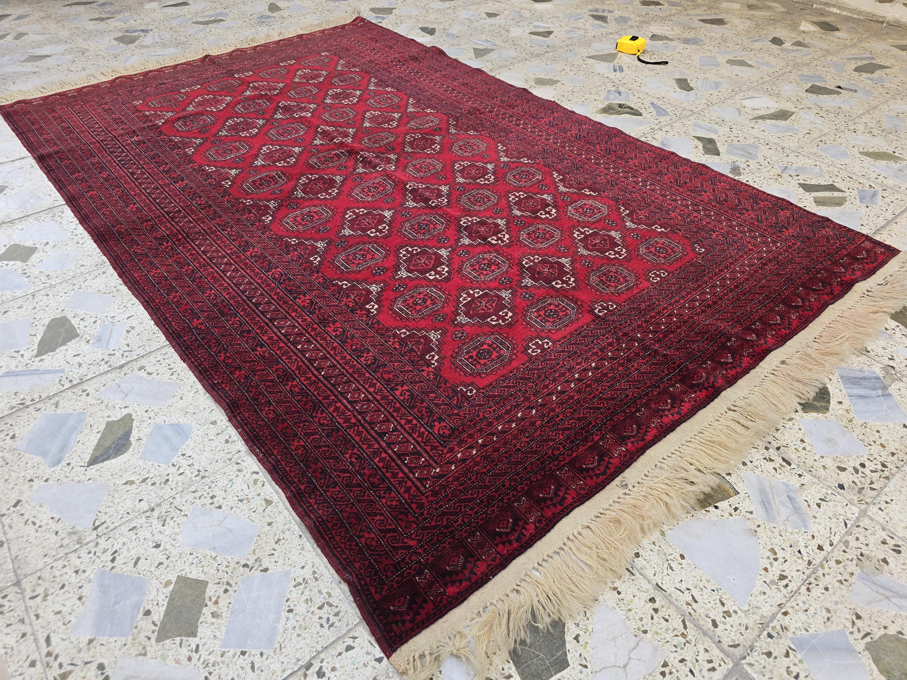 4x6 Vintage Afghan Handwoven Kawdani Rug, Turkmen Red Oriental Wool Rug, Living Room Rug, Bedroom Rug, Farmhouse Rug 197x124 cm