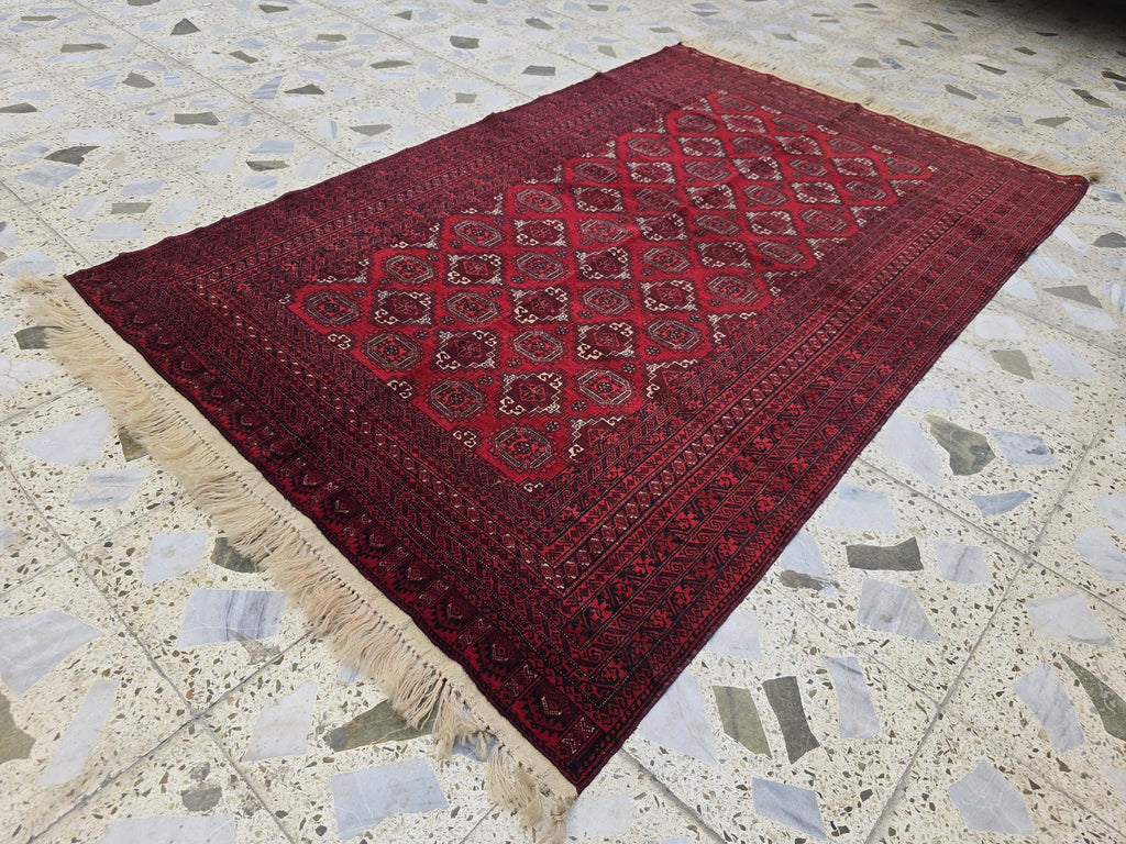 4x6 Vintage Afghan Handwoven Kawdani Rug, Turkmen Red Oriental Wool Rug, Living Room Rug, Bedroom Rug, Farmhouse Rug 197x124 cm