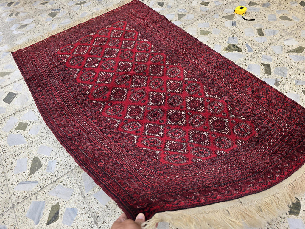 4x6 Vintage Afghan Handwoven Kawdani Rug, Turkmen Red Oriental Wool Rug, Living Room Rug, Bedroom Rug, Farmhouse Rug 197x124 cm