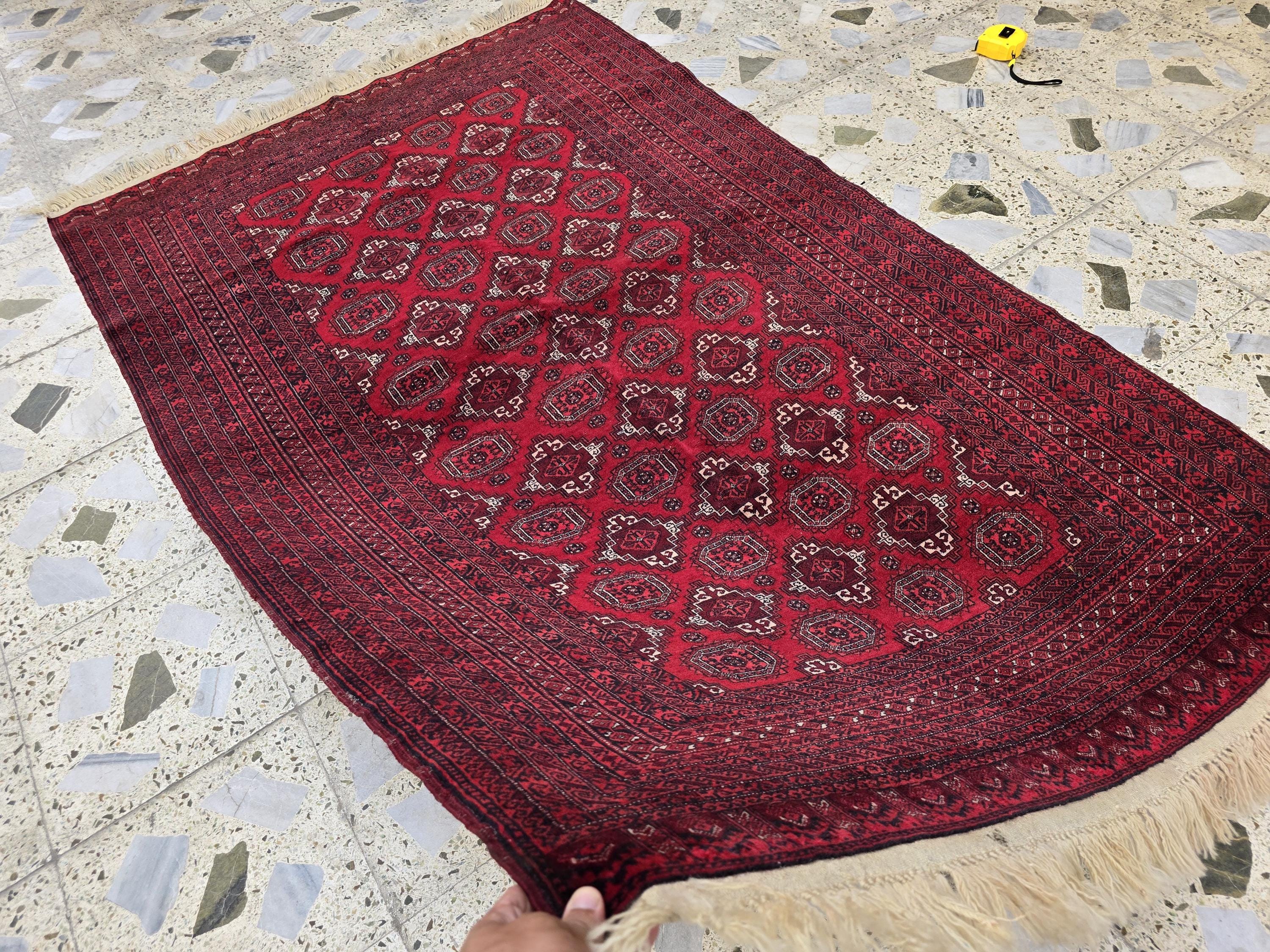 4x6 Vintage Afghan Handwoven Kawdani Rug, Turkmen Red Oriental Wool Rug, Living Room Rug, Bedroom Rug, Farmhouse Rug 197x124 cm