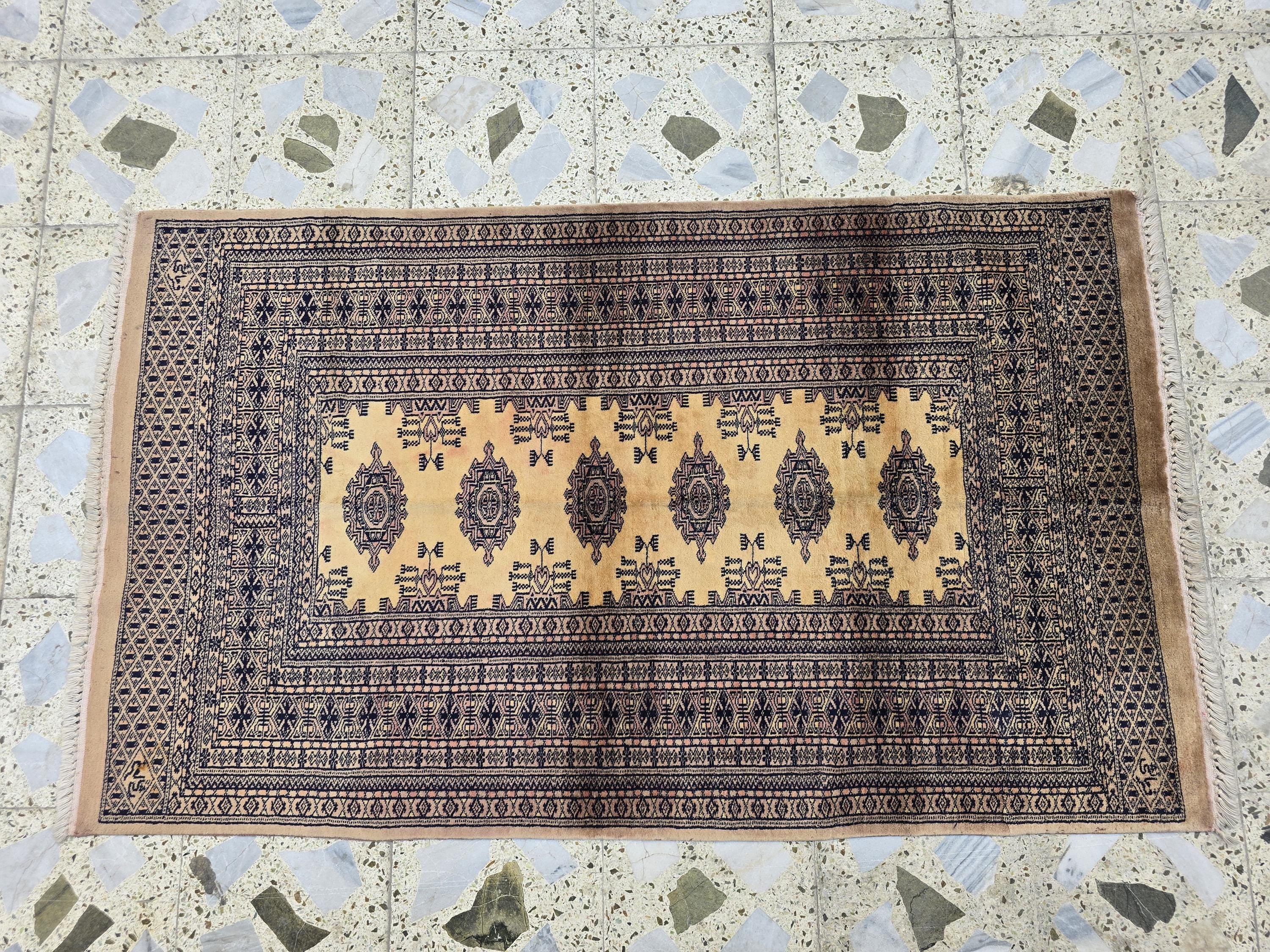 3x5 Vintage Afghan Handwoven Rug, Turkmen Tribal Geometric Wool Rug, Wall Hanging Rug, Perfect for Bedroom, Office, Living Room Decor