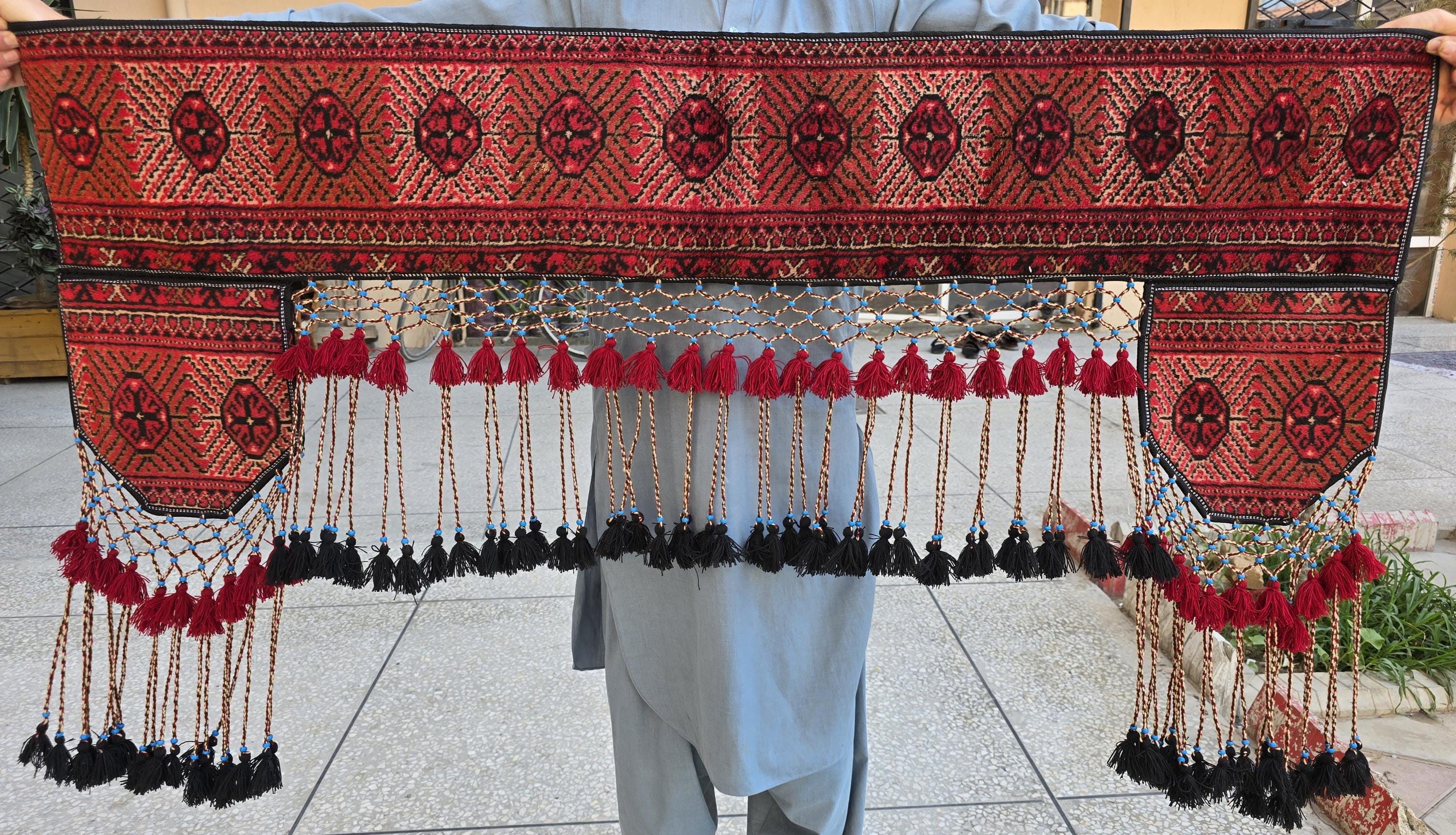 4.9ft Traditional Turkmen Parda Wall Hanging – Handwoven Red & Black Tapestry with Tassels – Tribal Afghan Textile Decor, Bedroom Decor
