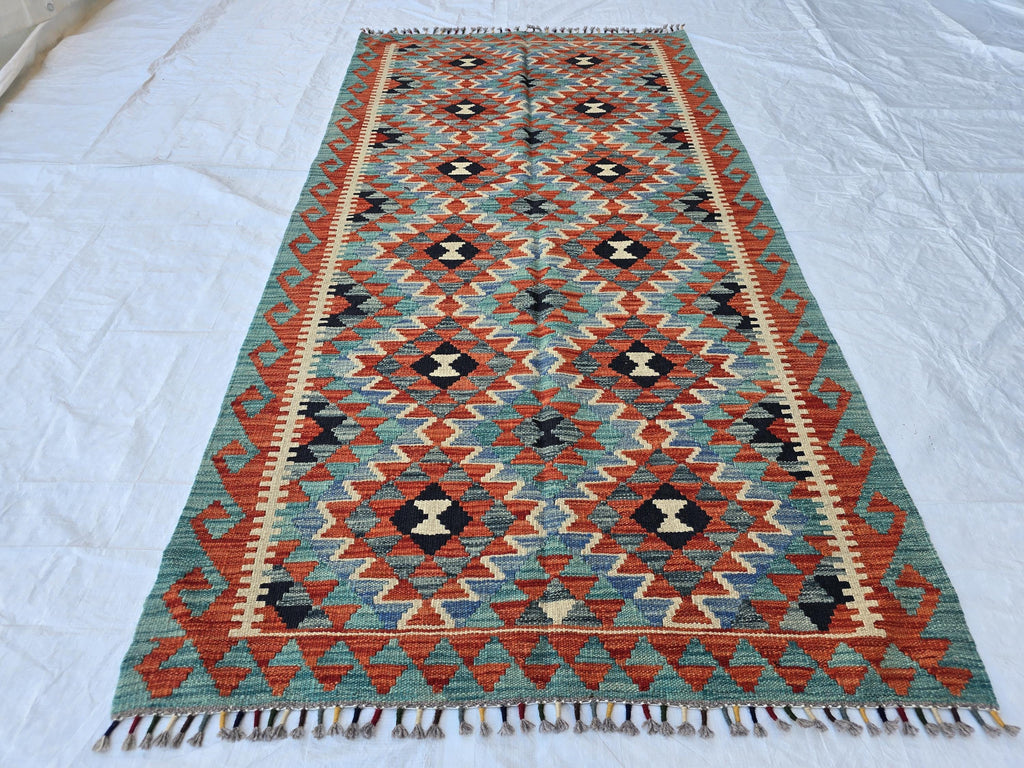 4x7 Afghan Handknitted Kilim Hallway Runner, Turkmen Flatweave Wool Geometric Runner, Boho Home Decor, Entryway Rug, Farmhouse Rug