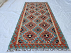 4x7 Afghan Handknitted Kilim Hallway Runner, Turkmen Flatweave Wool Geometric Runner, Boho Home Decor, Entryway Rug, Farmhouse Rug