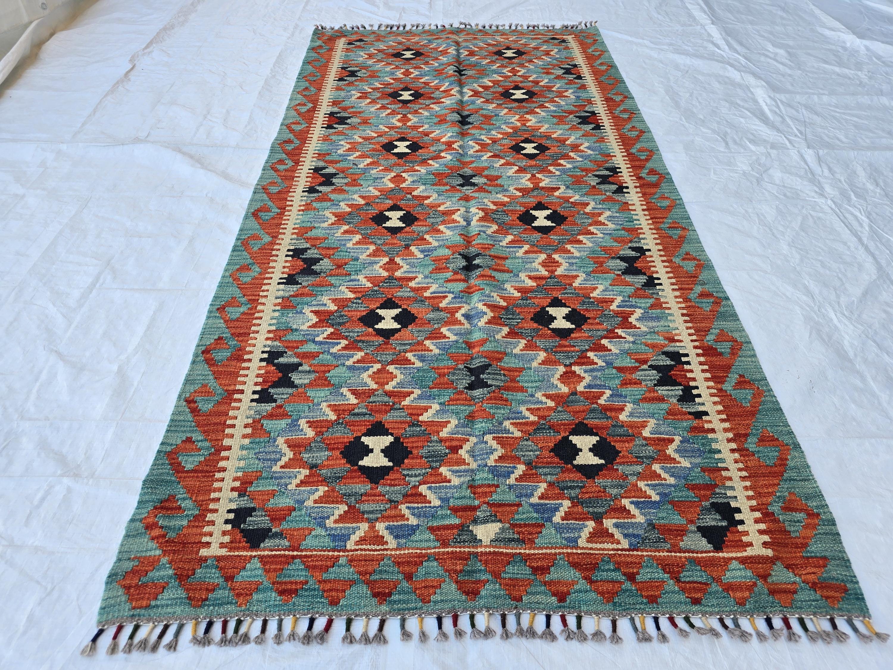 4x7 Afghan Handknitted Kilim Hallway Runner, Turkmen Flatweave Wool Geometric Runner, Boho Home Decor, Entryway Rug, Farmhouse Rug