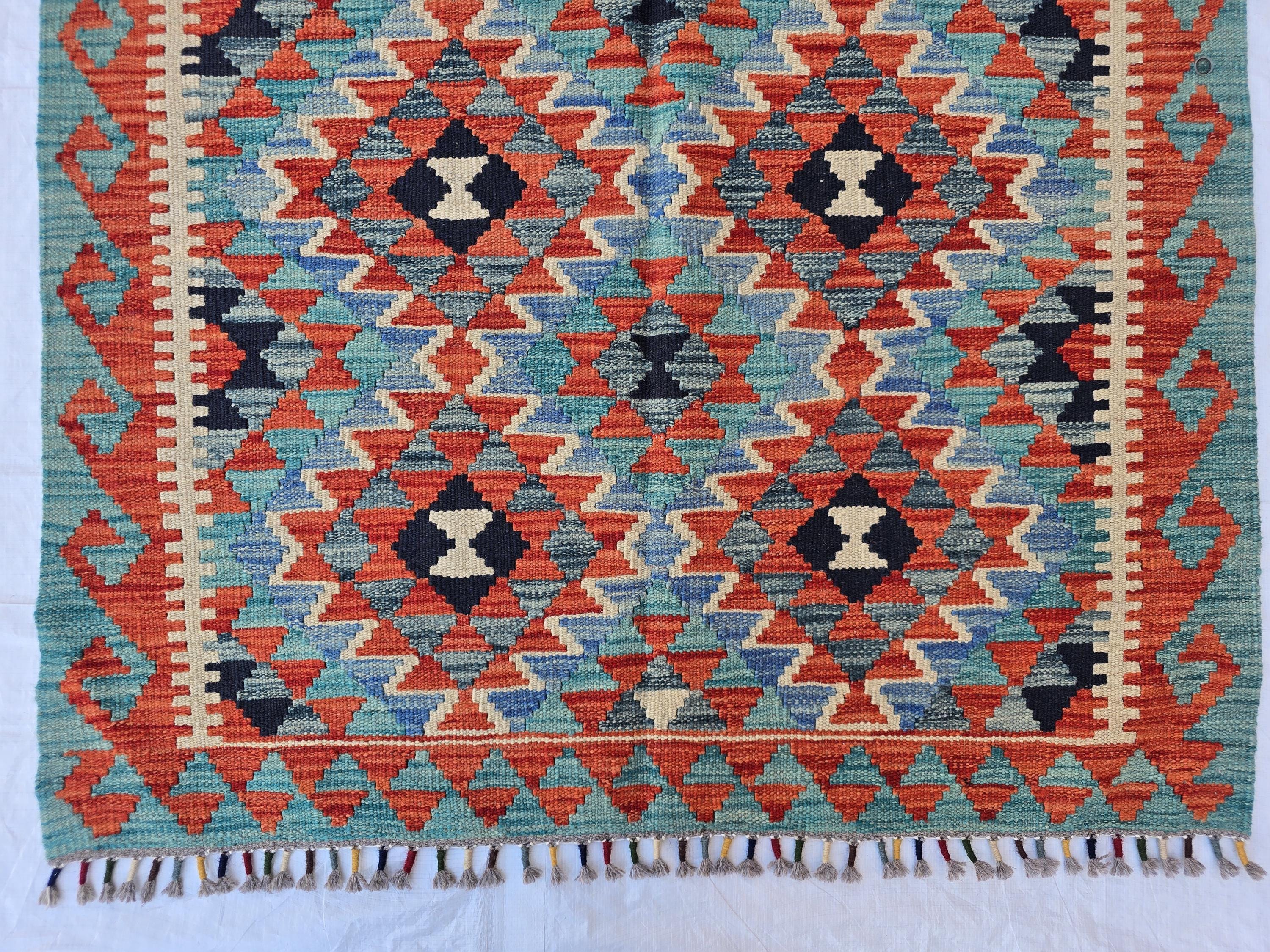 4x7 Afghan Handknitted Kilim Hallway Runner, Turkmen Flatweave Wool Geometric Runner, Boho Home Decor, Entryway Rug, Farmhouse Rug