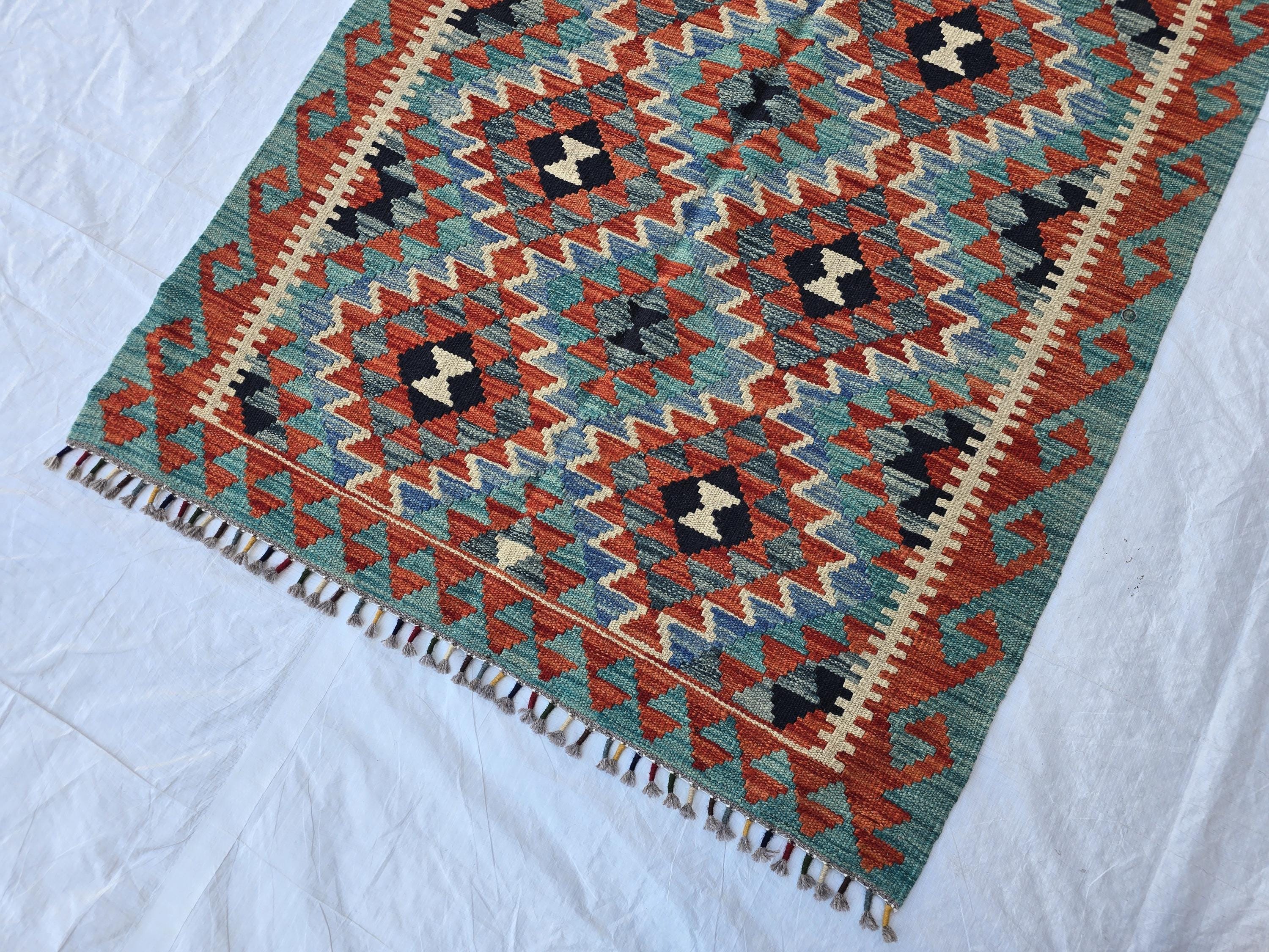 4x7 Afghan Handknitted Kilim Hallway Runner, Turkmen Flatweave Wool Geometric Runner, Boho Home Decor, Entryway Rug, Farmhouse Rug
