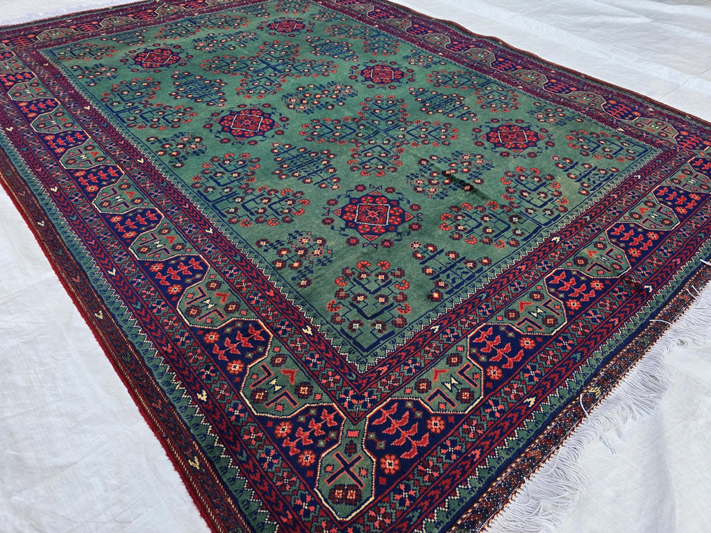 5x7ft, Afghan Handwoven Bukhara Rug, Turkmen Tribal Oriental Wool Rug, Rich Green and Red, Rug for Bedroom, Living Room Rug, Boho Home Decor
