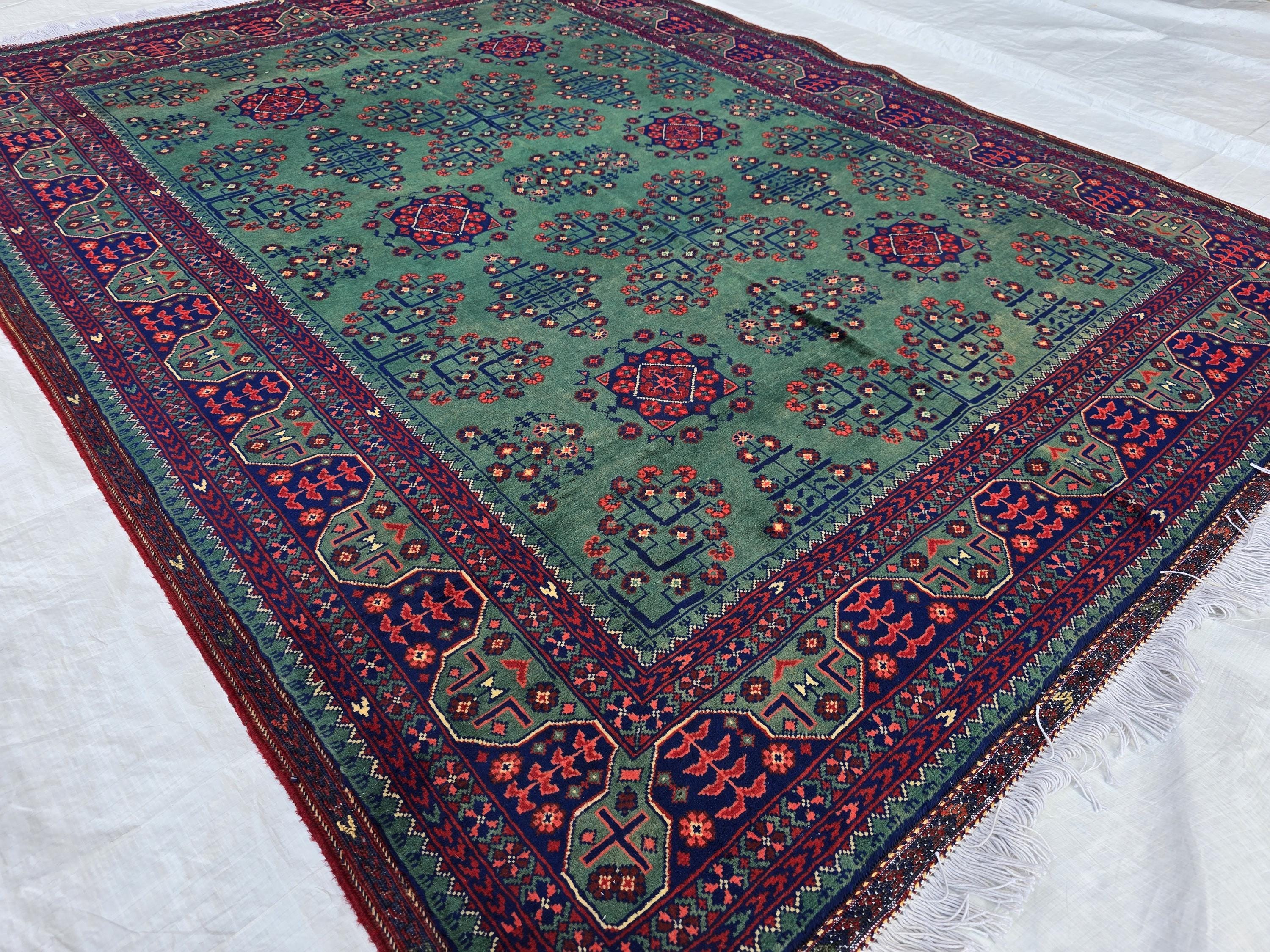 5x7ft, Afghan Handwoven Bukhara Rug, Turkmen Tribal Oriental Wool Rug, Rich Green and Red, Rug for Bedroom, Living Room Rug, Boho Home Decor