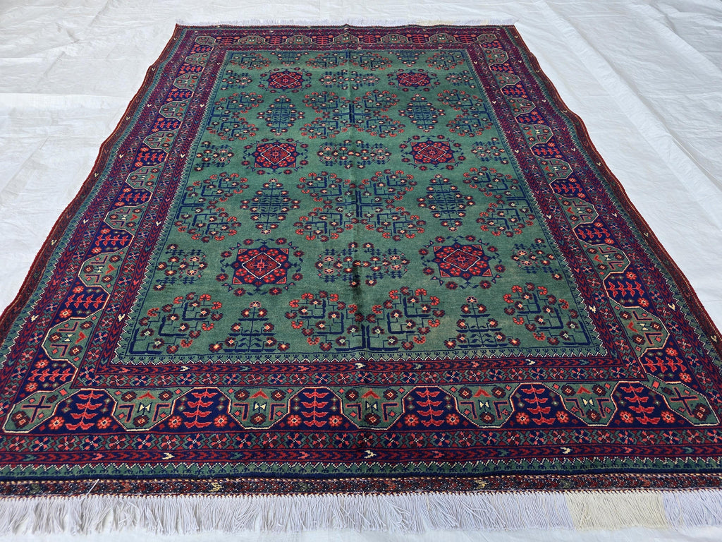5x7ft, Afghan Handwoven Bukhara Rug, Turkmen Tribal Oriental Wool Rug, Rich Green and Red, Rug for Bedroom, Living Room Rug, Boho Home Decor