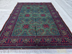 5x7ft, Afghan Handwoven Bukhara Rug, Turkmen Tribal Oriental Wool Rug, Rich Green and Red, Rug for Bedroom, Living Room Rug, Boho Home Decor
