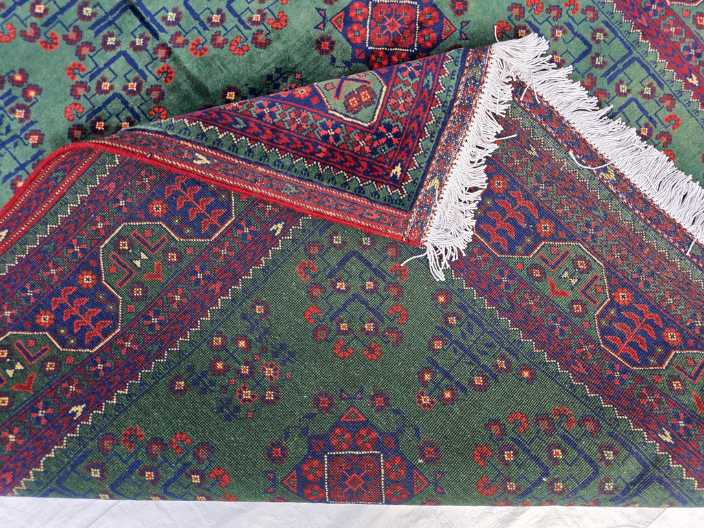 5x7ft, Afghan Handwoven Bukhara Rug, Turkmen Tribal Oriental Wool Rug, Rich Green and Red, Rug for Bedroom, Living Room Rug, Boho Home Decor
