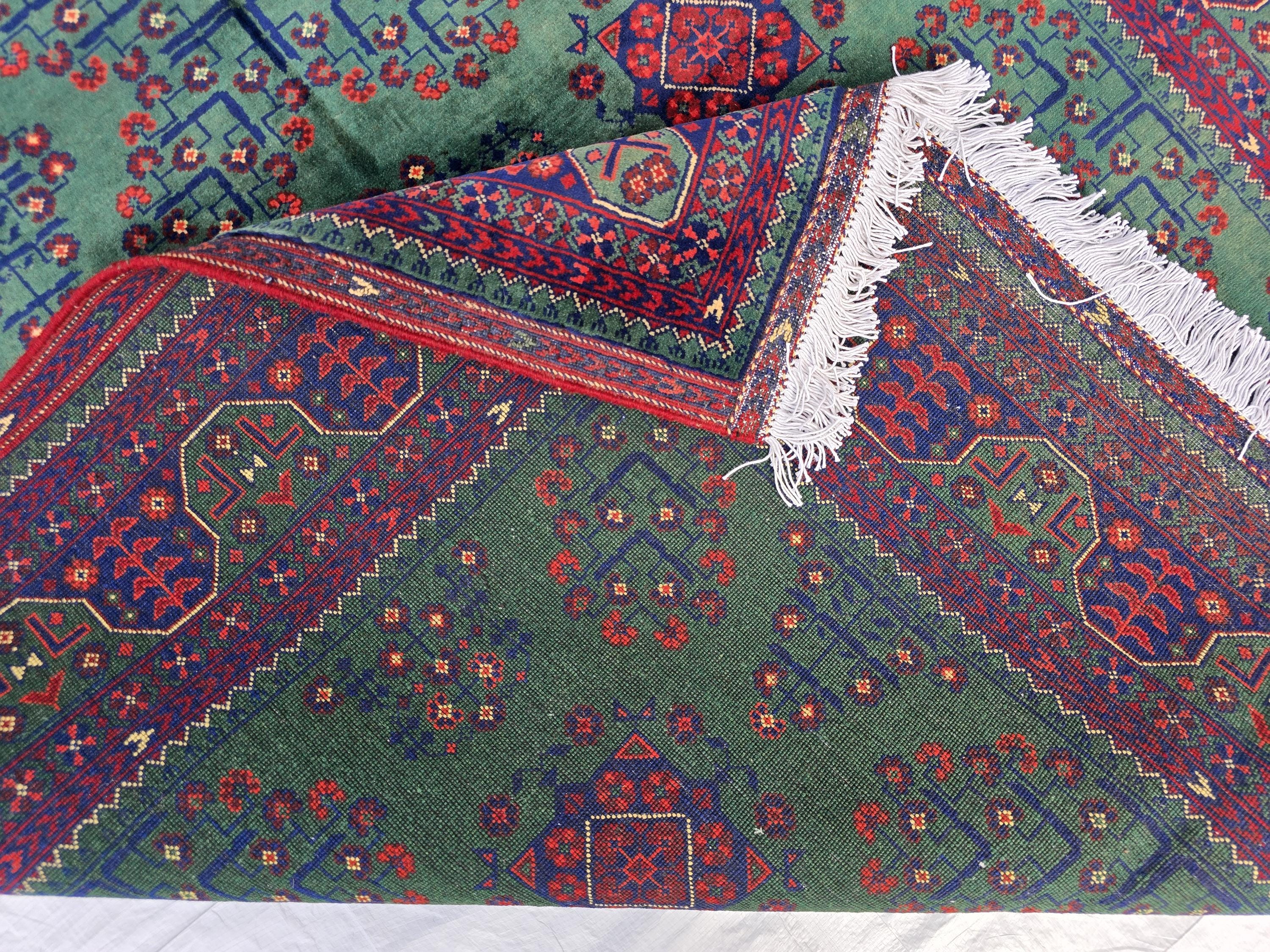 5x7ft, Afghan Handwoven Bukhara Rug, Turkmen Tribal Oriental Wool Rug, Rich Green and Red, Rug for Bedroom, Living Room Rug, Boho Home Decor