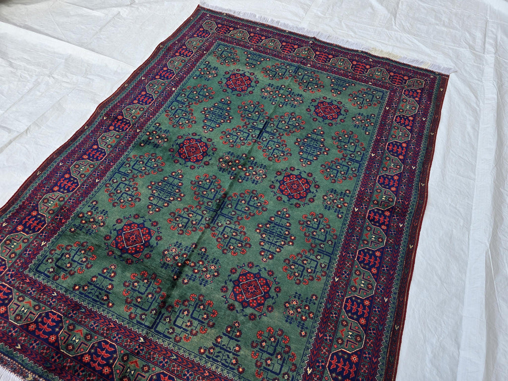 5x7ft, Afghan Handwoven Bukhara Rug, Turkmen Tribal Oriental Wool Rug, Rich Green and Red, Rug for Bedroom, Living Room Rug, Boho Home Decor