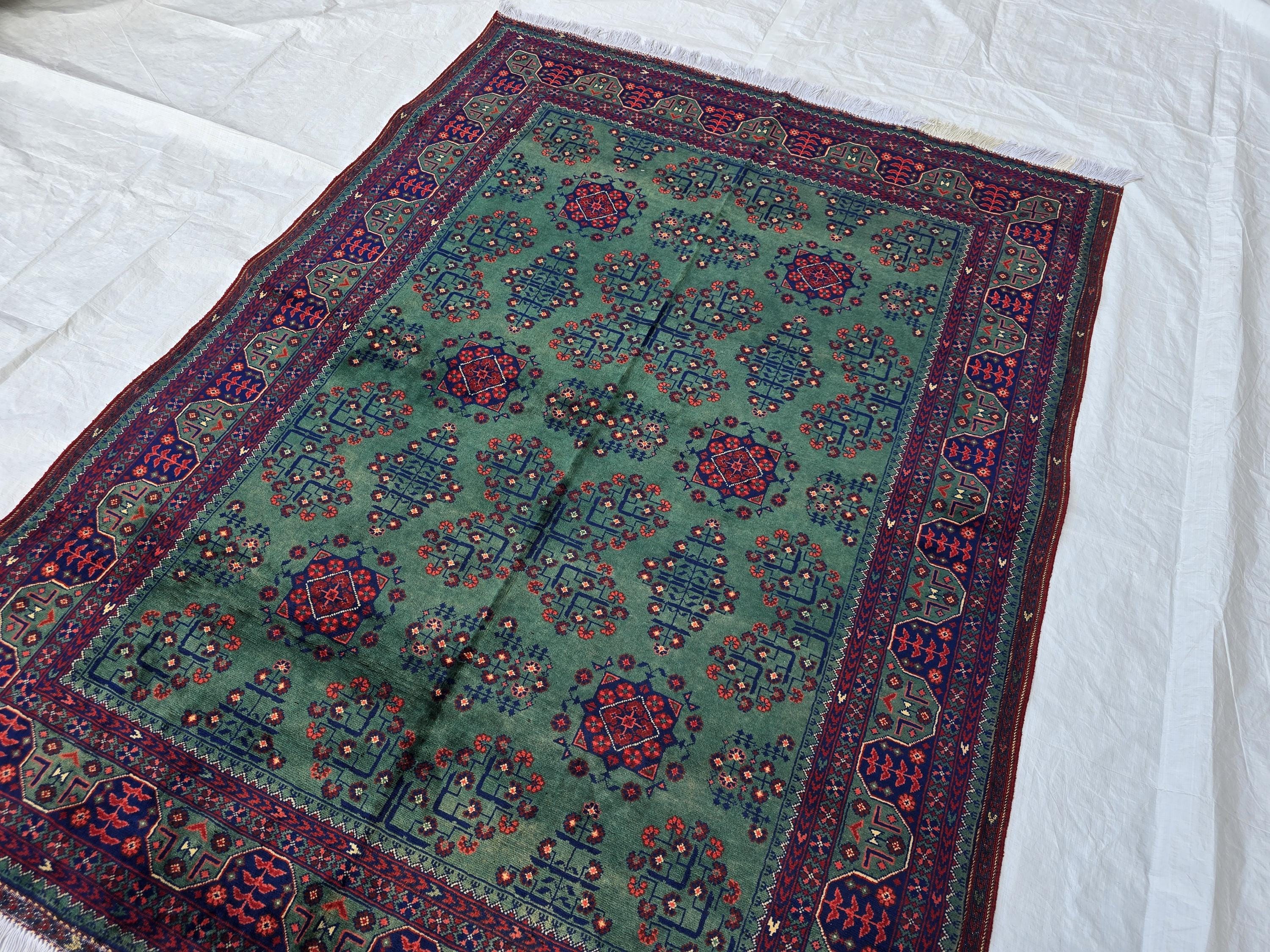 5x7ft, Afghan Handwoven Bukhara Rug, Turkmen Tribal Oriental Wool Rug, Rich Green and Red, Rug for Bedroom, Living Room Rug, Boho Home Decor