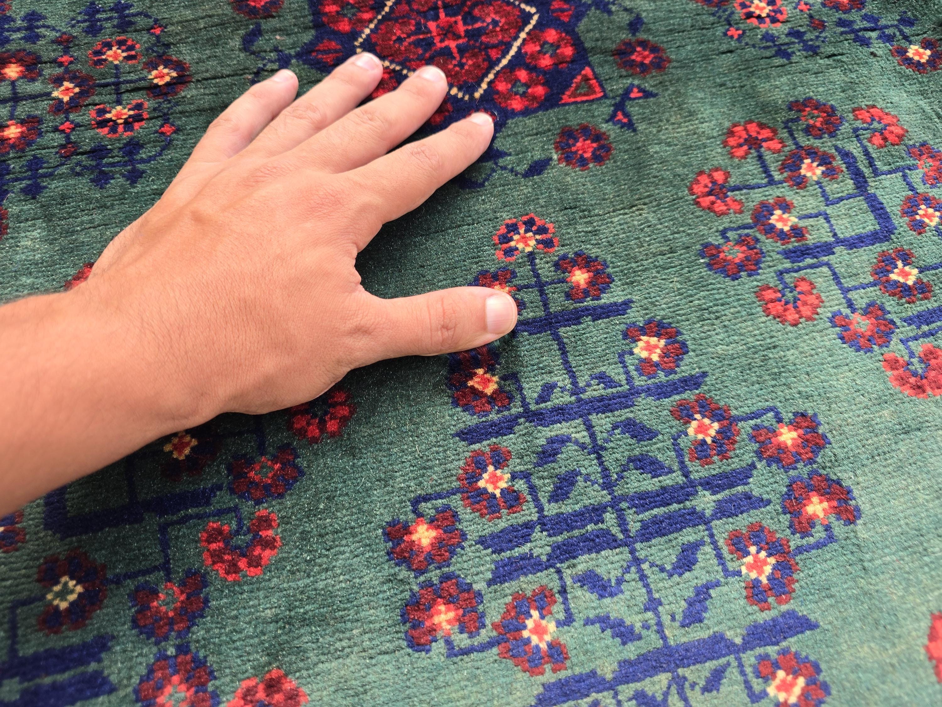 5x7ft, Afghan Handwoven Bukhara Rug, Turkmen Tribal Oriental Wool Rug, Rich Green and Red, Rug for Bedroom, Living Room Rug, Boho Home Decor