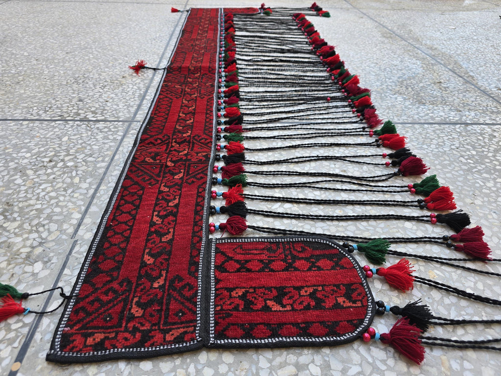 6.4ft Long Handwoven Turkmen Wall Hanging – Tribal Tassel Tapestry, Wool Decor, Red & Black Afghan Textile, Wall Decor Rug, Home Decor