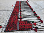 6.4ft Long Handwoven Turkmen Wall Hanging – Tribal Tassel Tapestry, Wool Decor, Red & Black Afghan Textile, Wall Decor Rug, Home Decor