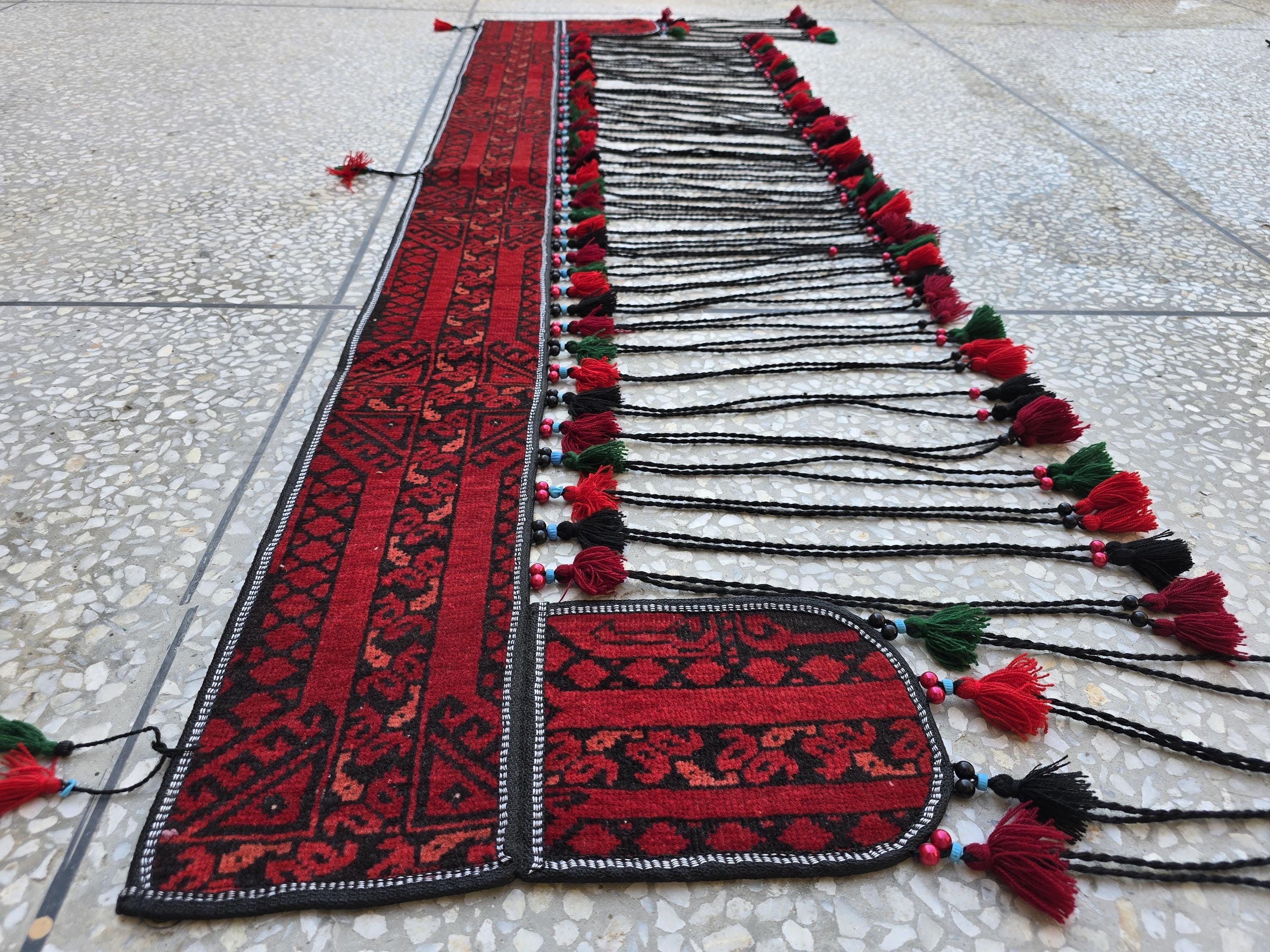 6.4ft Long Handwoven Turkmen Wall Hanging – Tribal Tassel Tapestry, Wool Decor, Red & Black Afghan Textile, Wall Decor Rug, Home Decor