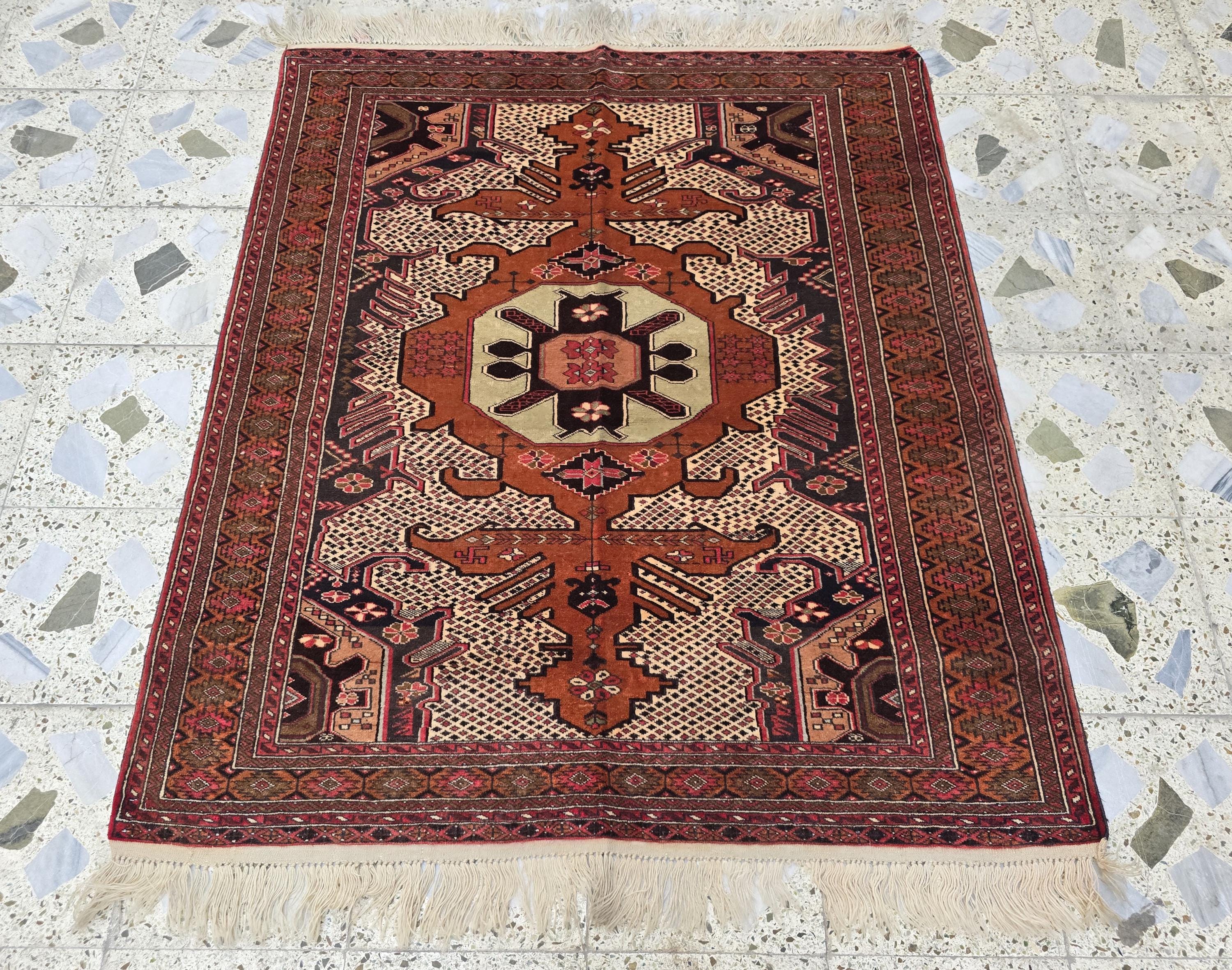 4x5 Vintage Square Handwoven Rug. Turkmen Wool Area Rug, Geometric Tribal Pattern, Perfect for Living Room, Bedroom, Dining Table Rug