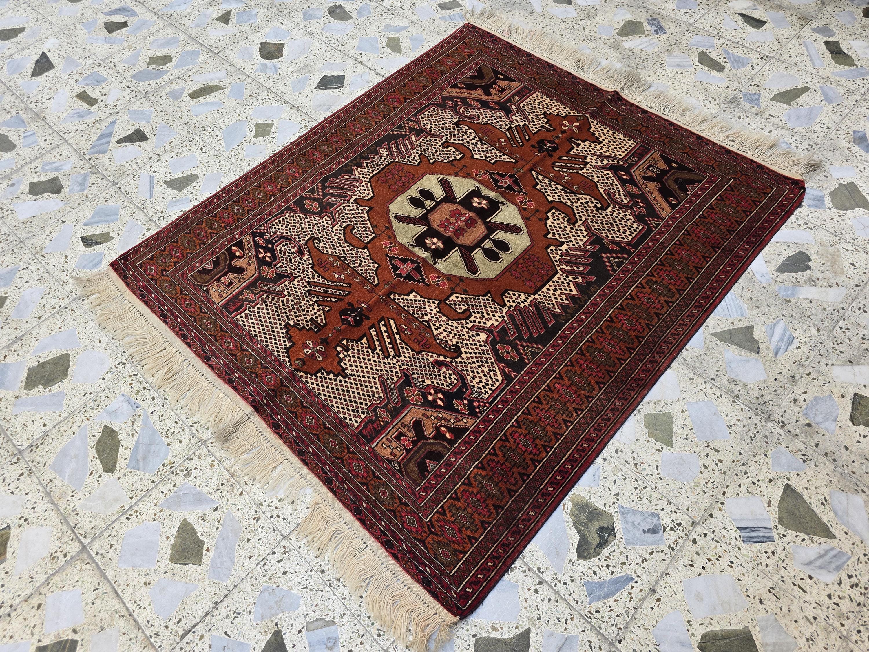 4x5 Vintage Square Handwoven Rug. Turkmen Wool Area Rug, Geometric Tribal Pattern, Perfect for Living Room, Bedroom, Dining Table Rug