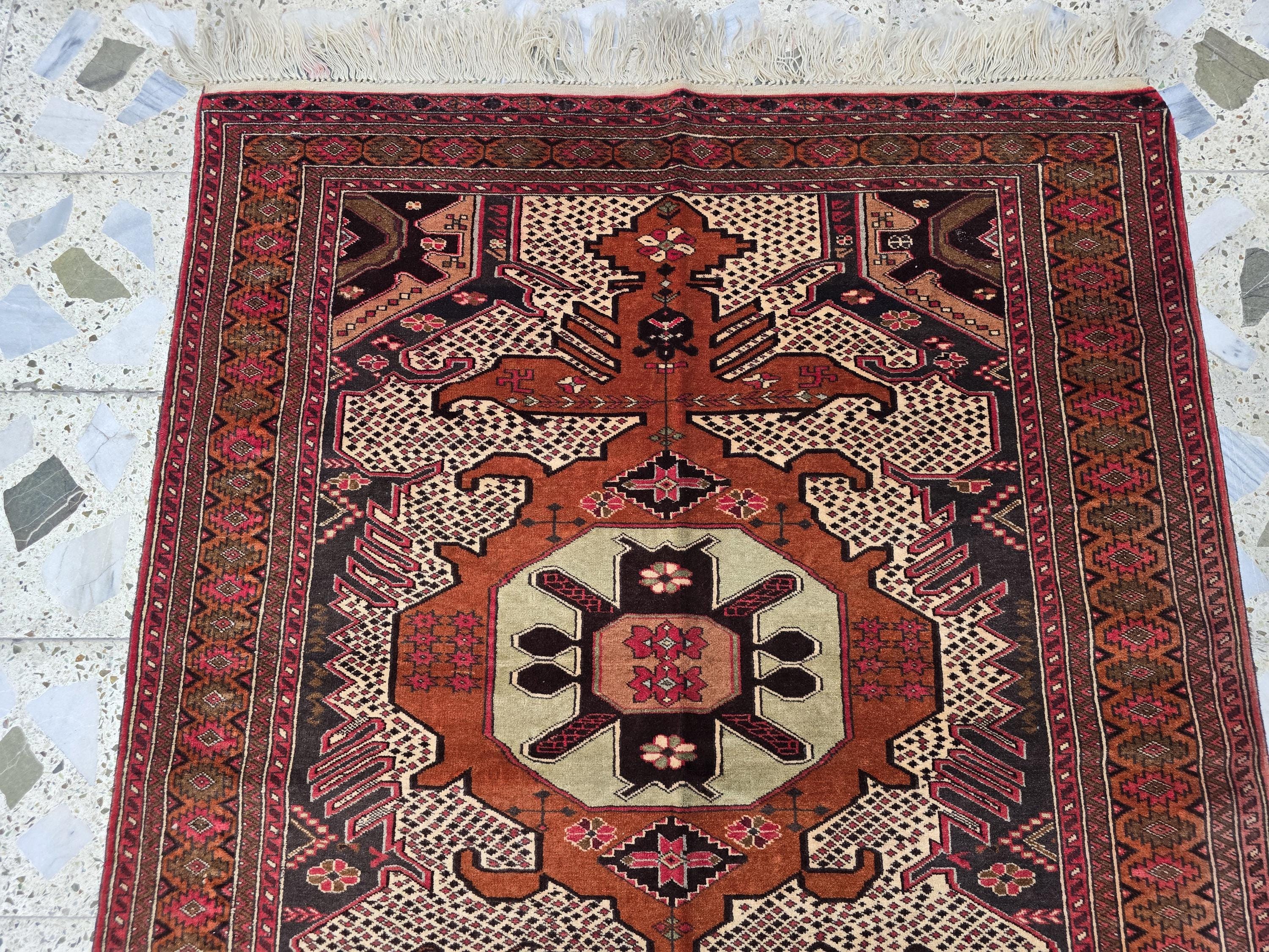 4x5 Vintage Square Handwoven Rug. Turkmen Wool Area Rug, Geometric Tribal Pattern, Perfect for Living Room, Bedroom, Dining Table Rug