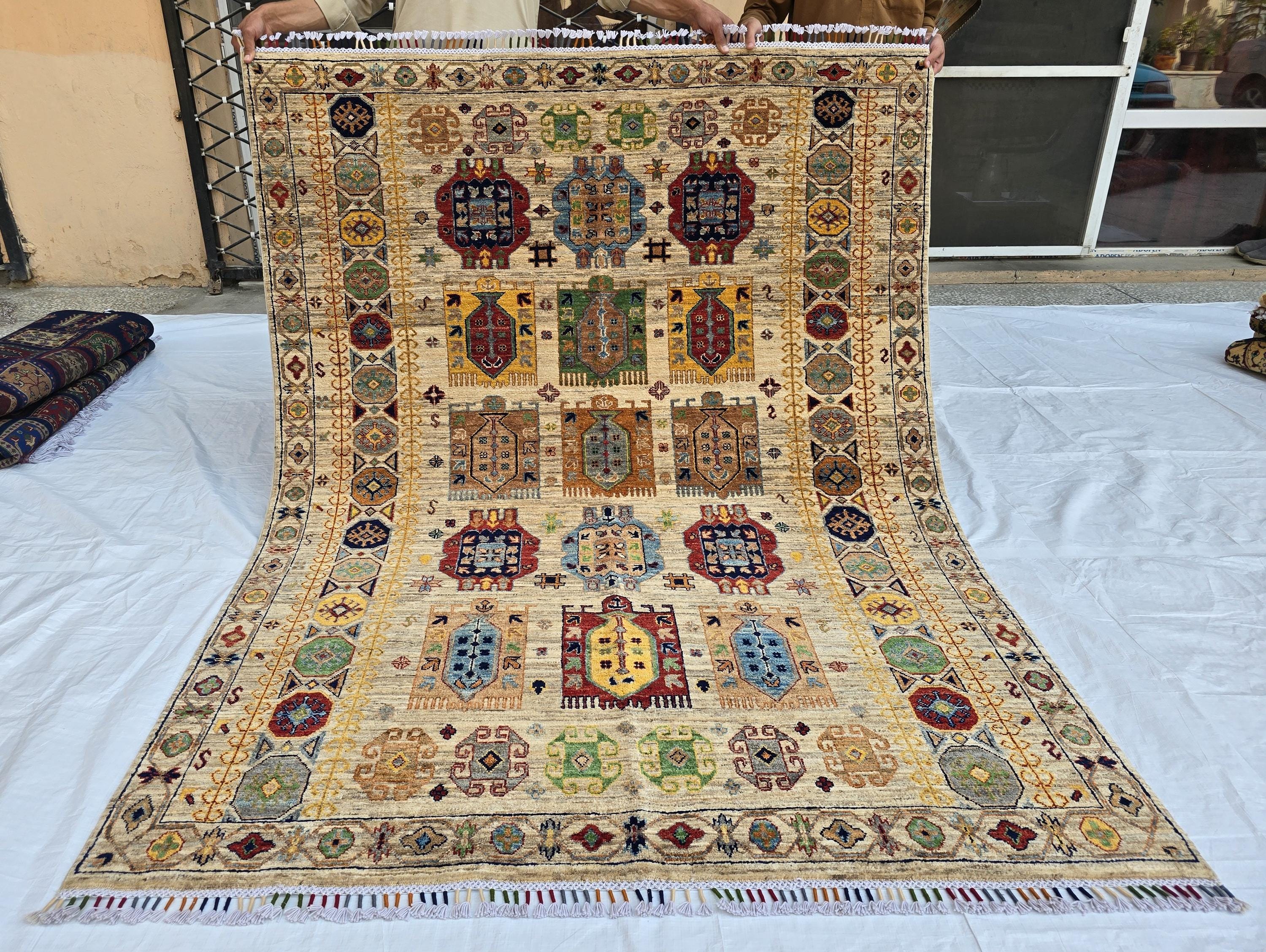 5x7 Turkmen Handwoven Medium Size Modern Rug, Afghan Tribal Geometric Wool Area Rug, Rug for Living Room, Bedroom Rug 218x168 cm