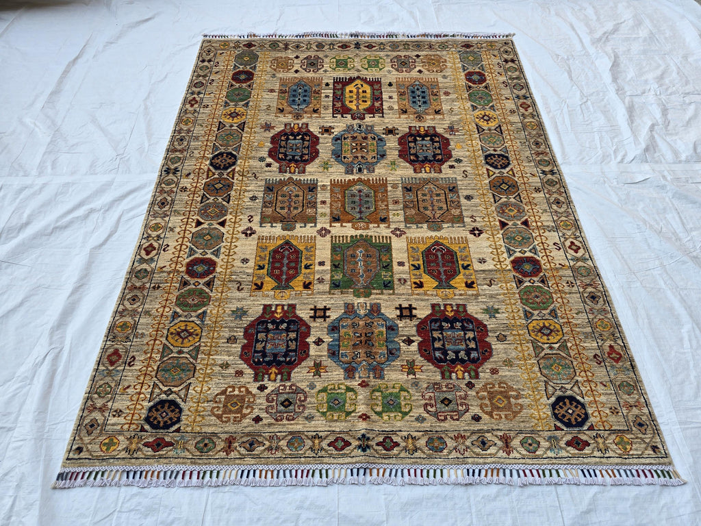 5x7 Turkmen Handwoven Medium Size Modern Rug, Afghan Tribal Geometric Wool Area Rug, Rug for Living Room, Bedroom Rug 218x168 cm